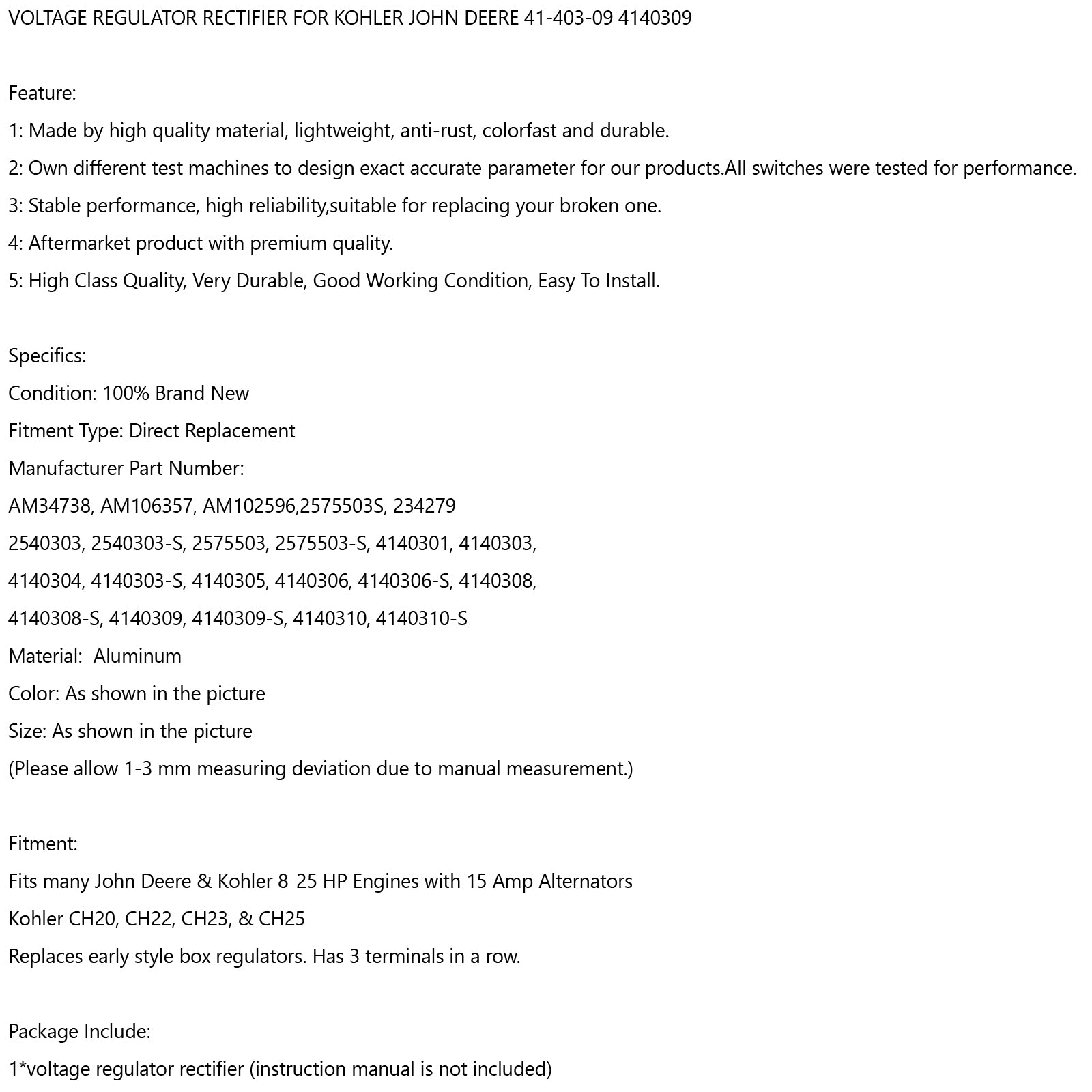 Redresseur Régulateur Tension pour Kohler John Deere 41-403-09 4140309