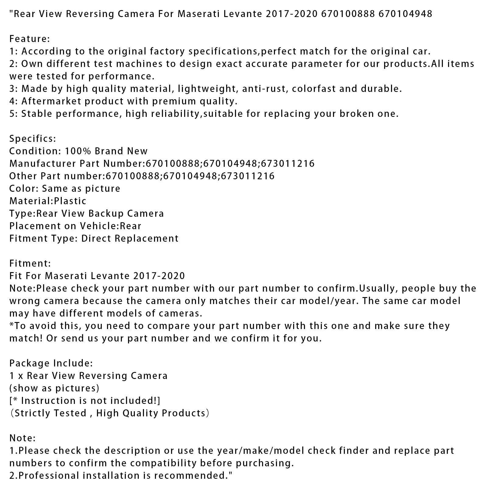 Achteruitrijcamera voor Maserati Levante (2017-2020) - Onderdeelnummers : 670100888 en 670104948