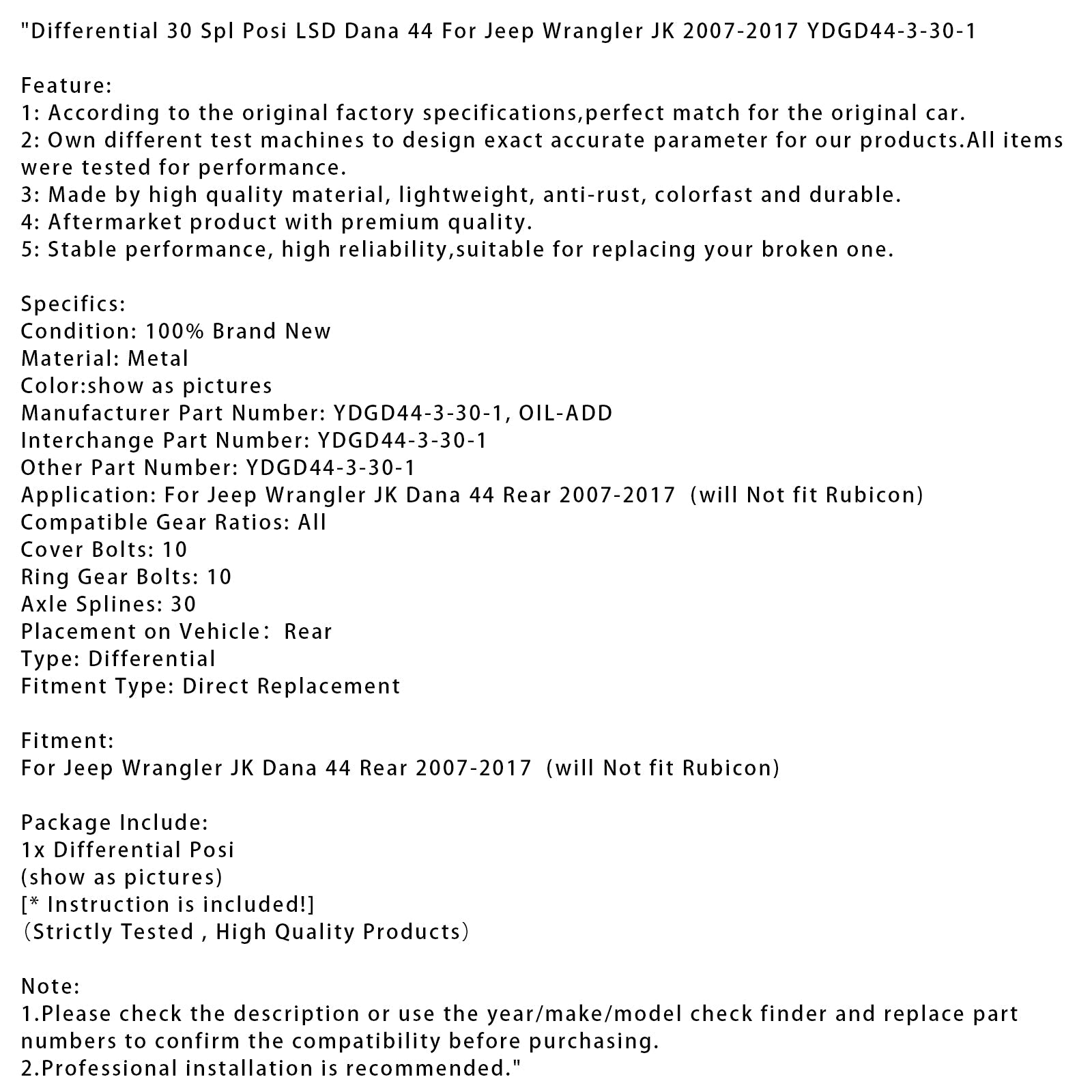 Differentiaal 30 Spl Pos LSD Dana 44 YDGD44-3-30-1 voor Jeep Wrangler JK 2007-2017