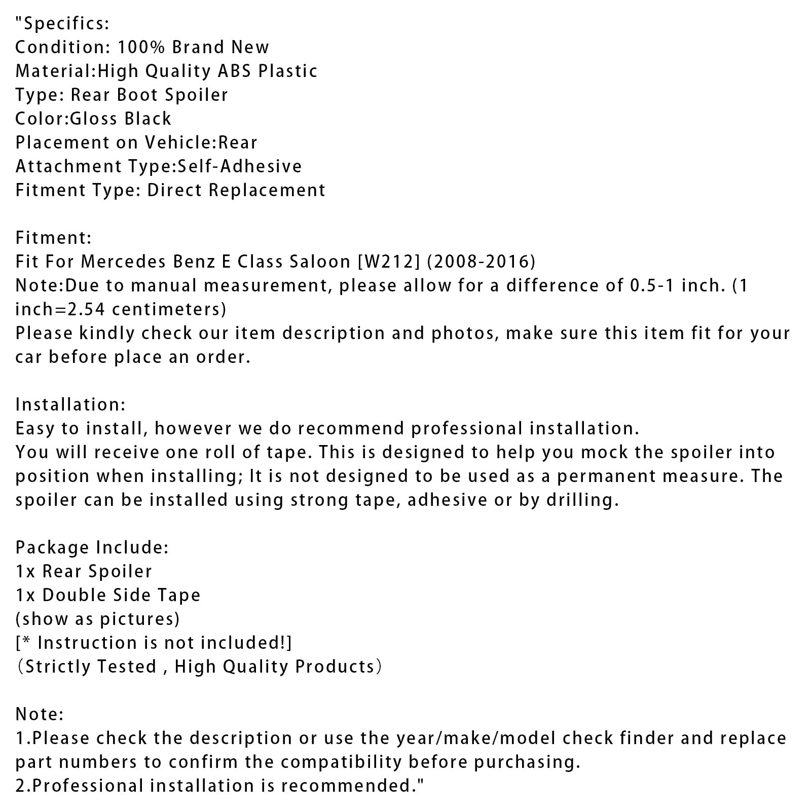 Spoiler posteriore nero lucido per Mercedes-Benz Classe E W212 2008-2016