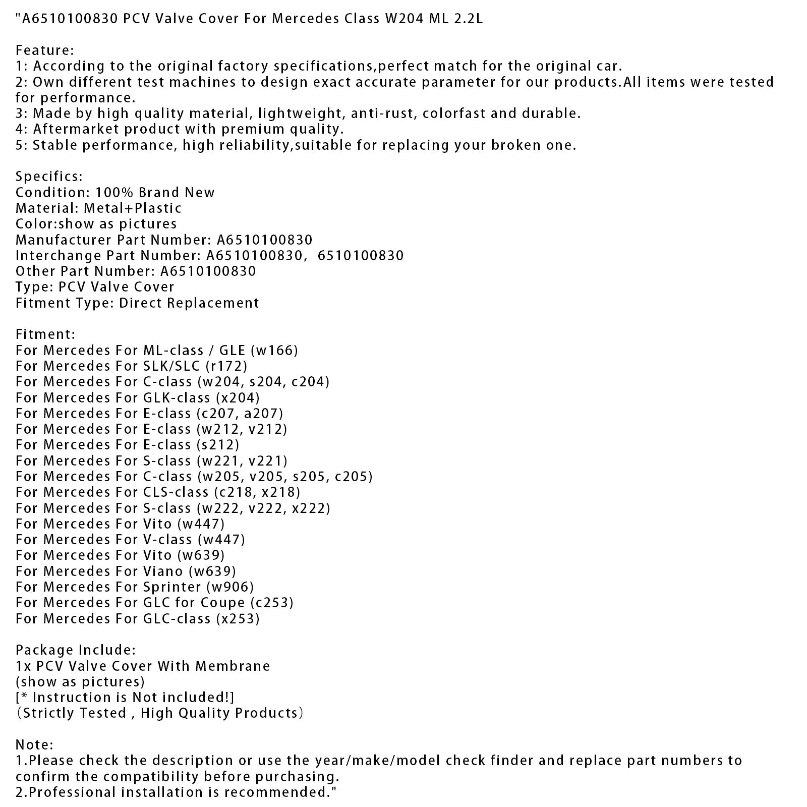 Coperchio valvola PCV A6510100830 per Mercedes Classe A W204 ML 2.2L