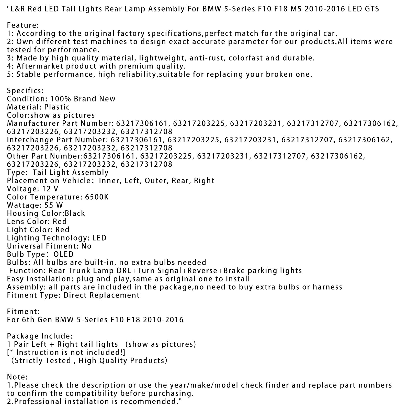 Luci posteriori a LED rosso per 5 F10 F18 M5 Serie di 6a generazione 2010-2016