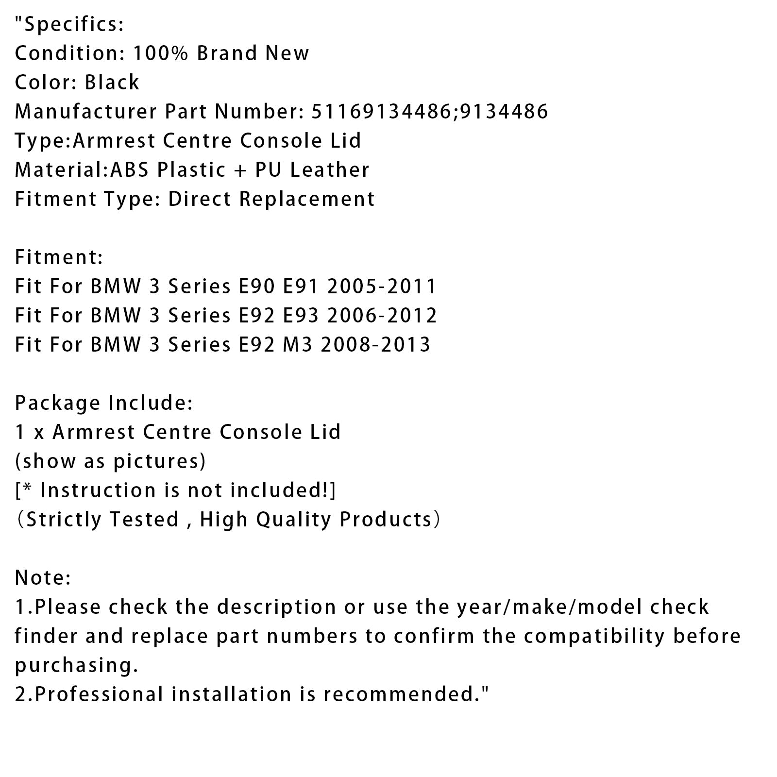 Cubierta de consola de la consola Powerbag de cuero negro para BMW E90 E91 E92 E93 51169134486