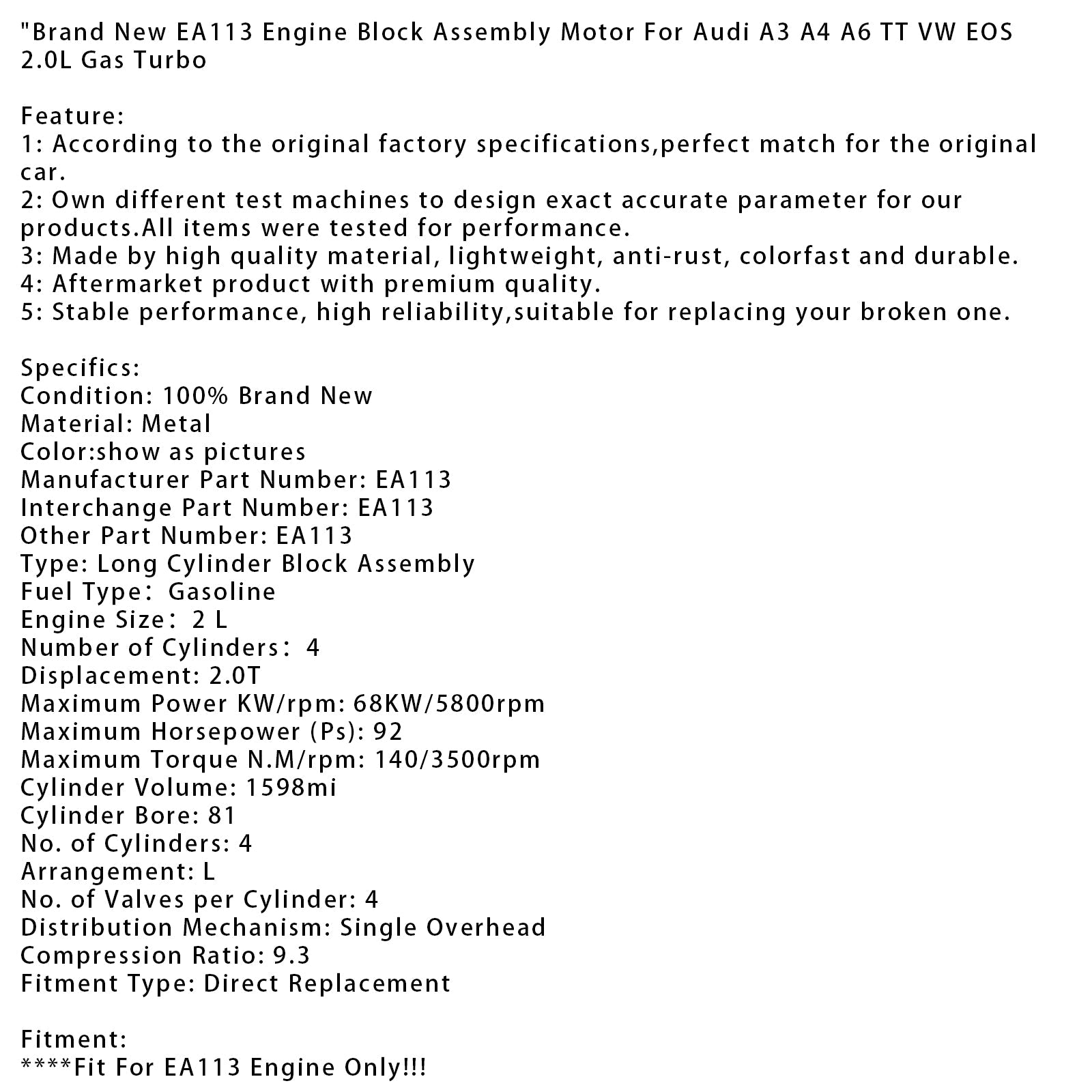 Nuovo blocco motore EA113 per Audi A3 A4 A6 TT VW EOS 2.0L turbo benzina