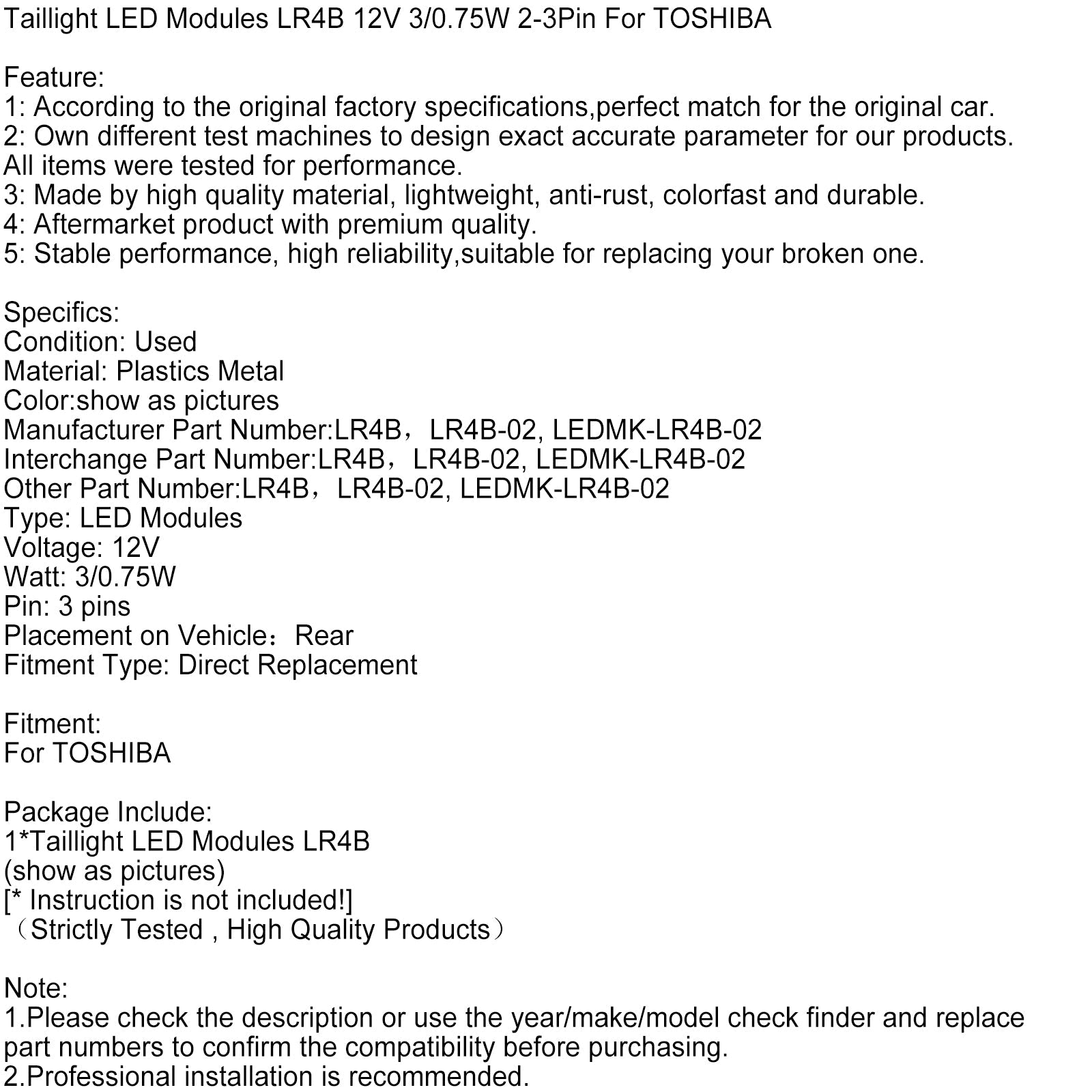 LR4B 12 V 3/0.75 W 2-3 Pike achterlichtmodules voor Toshiba