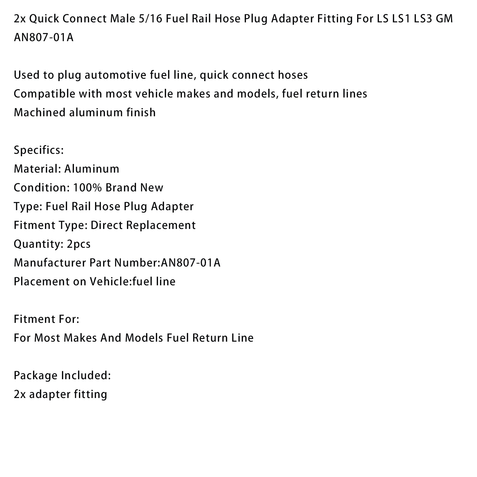2 adaptateurs de raccord rapide mâle 5/16 pour tuyau de rampe d'injection LS LS1 LS3 AN807-01A