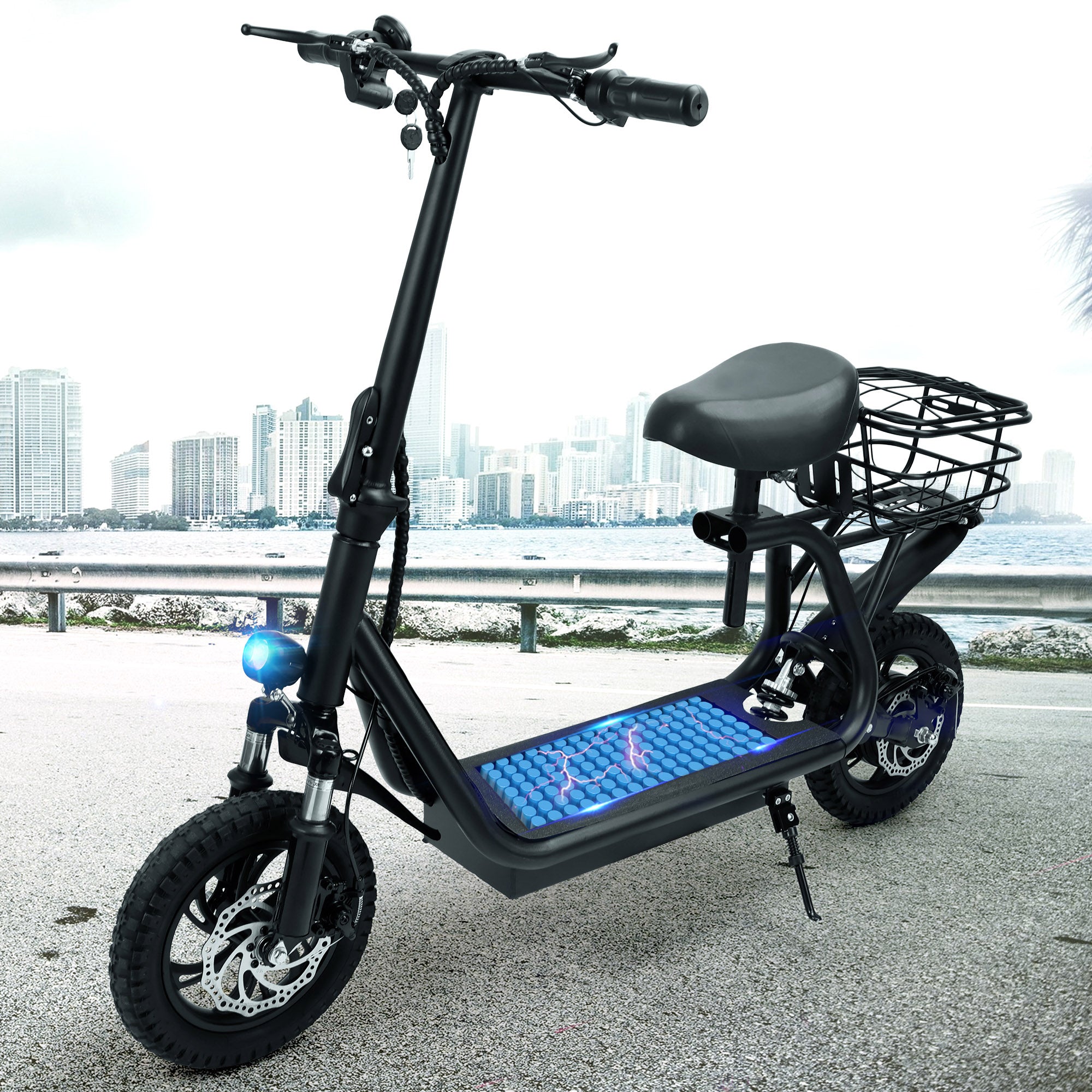 Trottinette Électrique Pliable 500W 36V pour Adultes avec Panier Arrière Roues 12 Pouces Freins Avant et Arrière et Suspension
