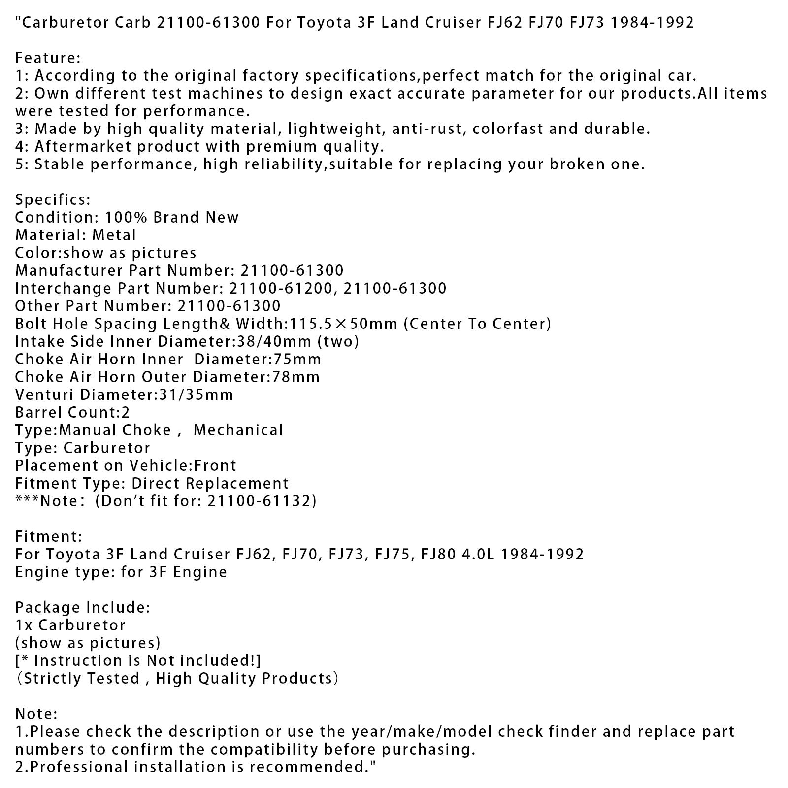 Gaźnik 21100-61300 dla Toyota 3F Land Cruiser FJ62 FJ70 FJ73 1984-1992