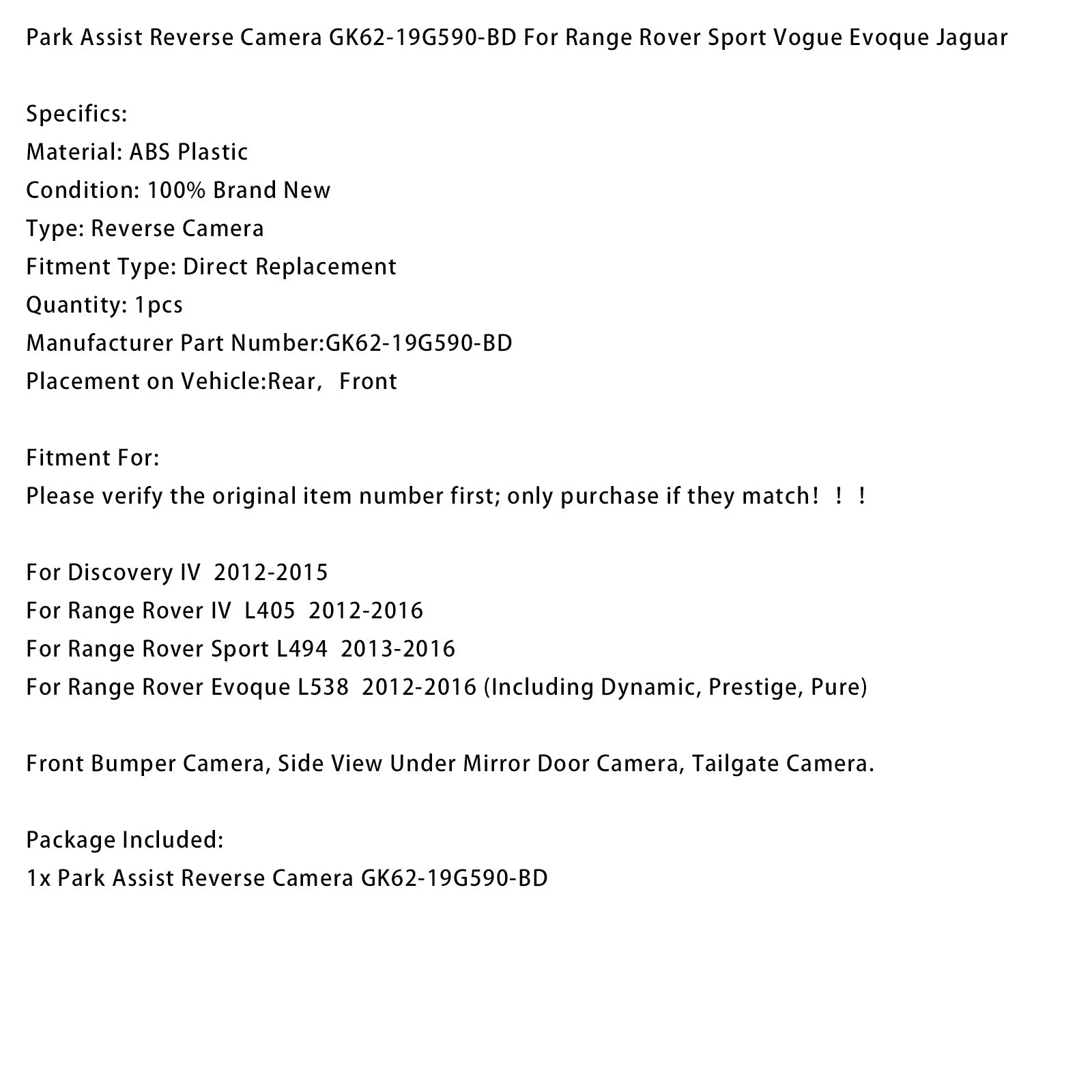 Kamera cofania z asystentem parkowania do Range Rover Sport L494 (2013-2016) - Numer części GK62-19G590-BD