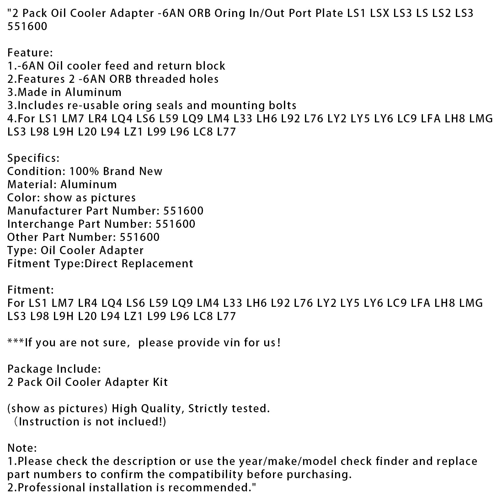2 stuks oliekoeleradapter -6AN ORB O-ring inlaat-/uitlaatpoortplaat LS1 LSX LS3 LS LS2