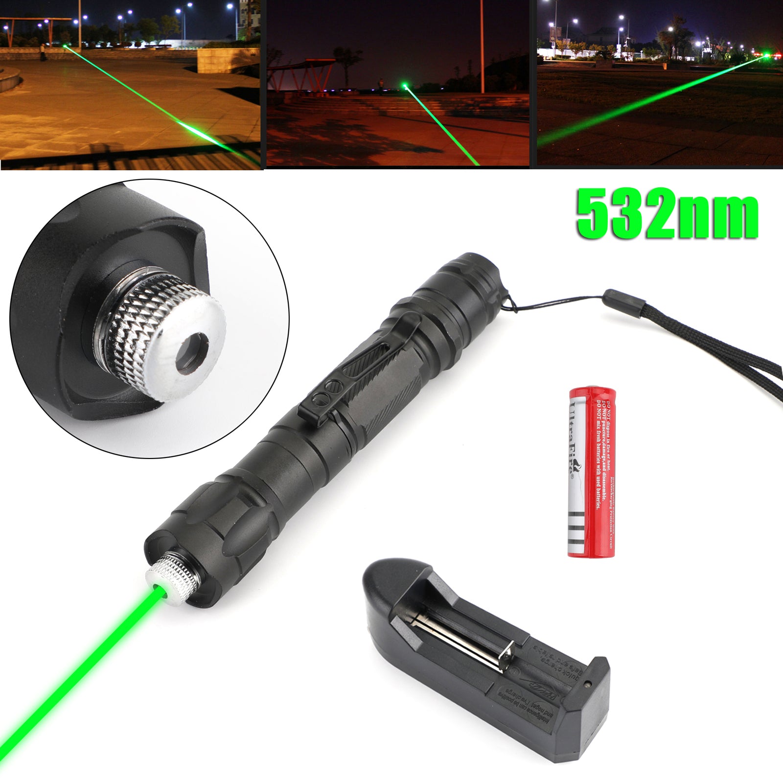 Military 100Miles 532nm Green Laser Pointer Pen Visible Beam + Battery +Star Cap