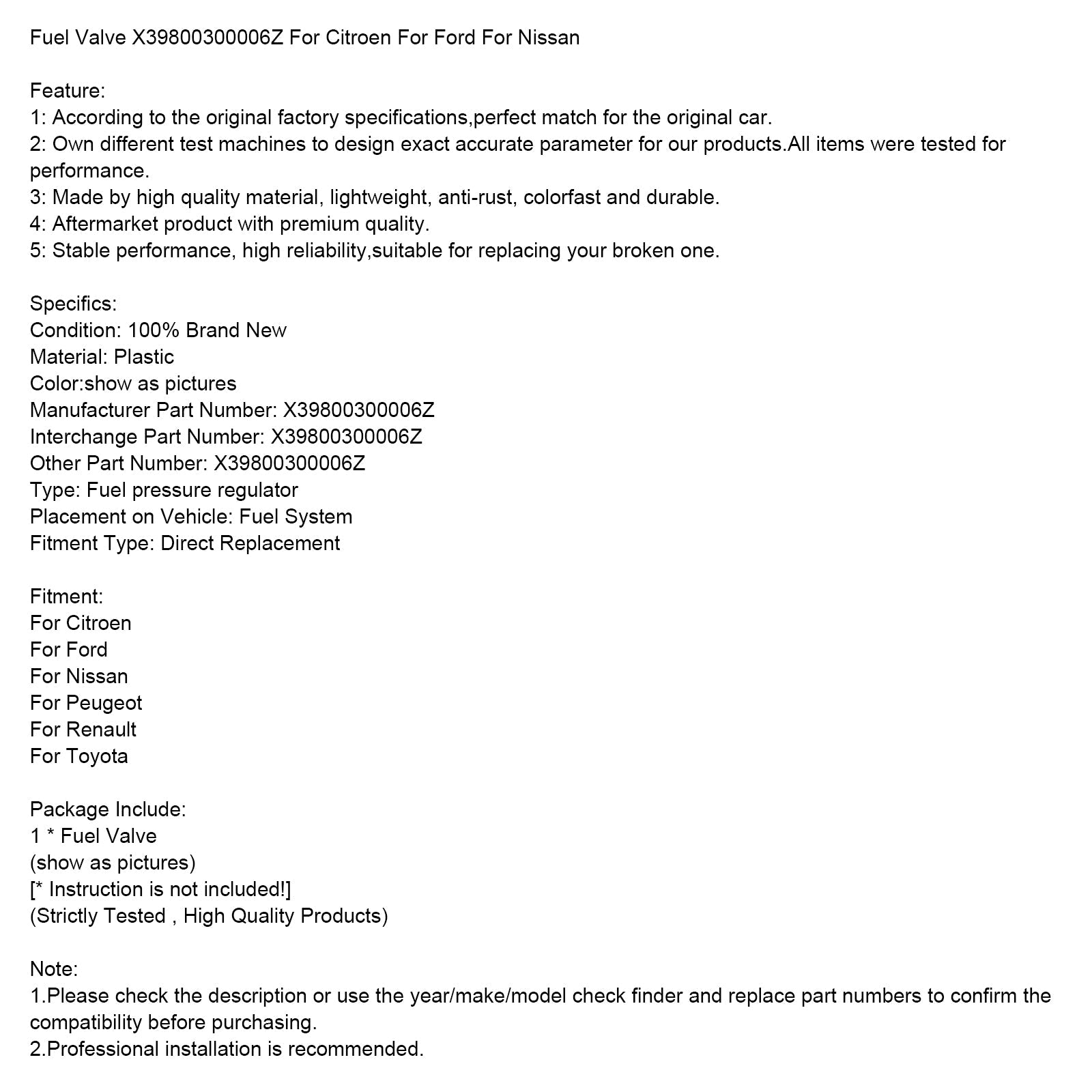 Válvula de combustible X39800300006Z para Citroën, Ford, Nissan