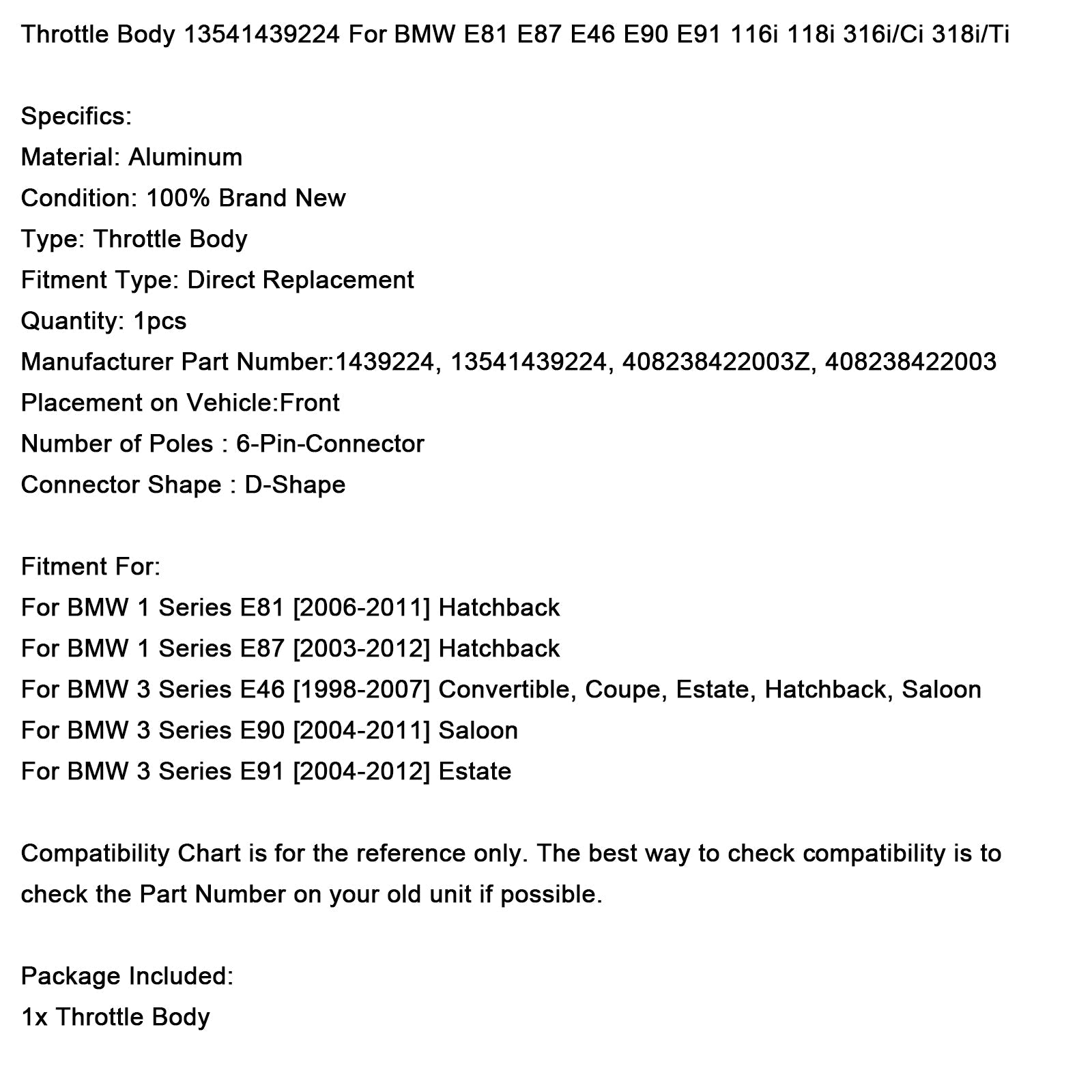 Przepustnica 13541439224 408238422003Z do BMW serii 3 E46 Cabrio, Coupe, Kombi, Sedan, Sedan (1998-2007)