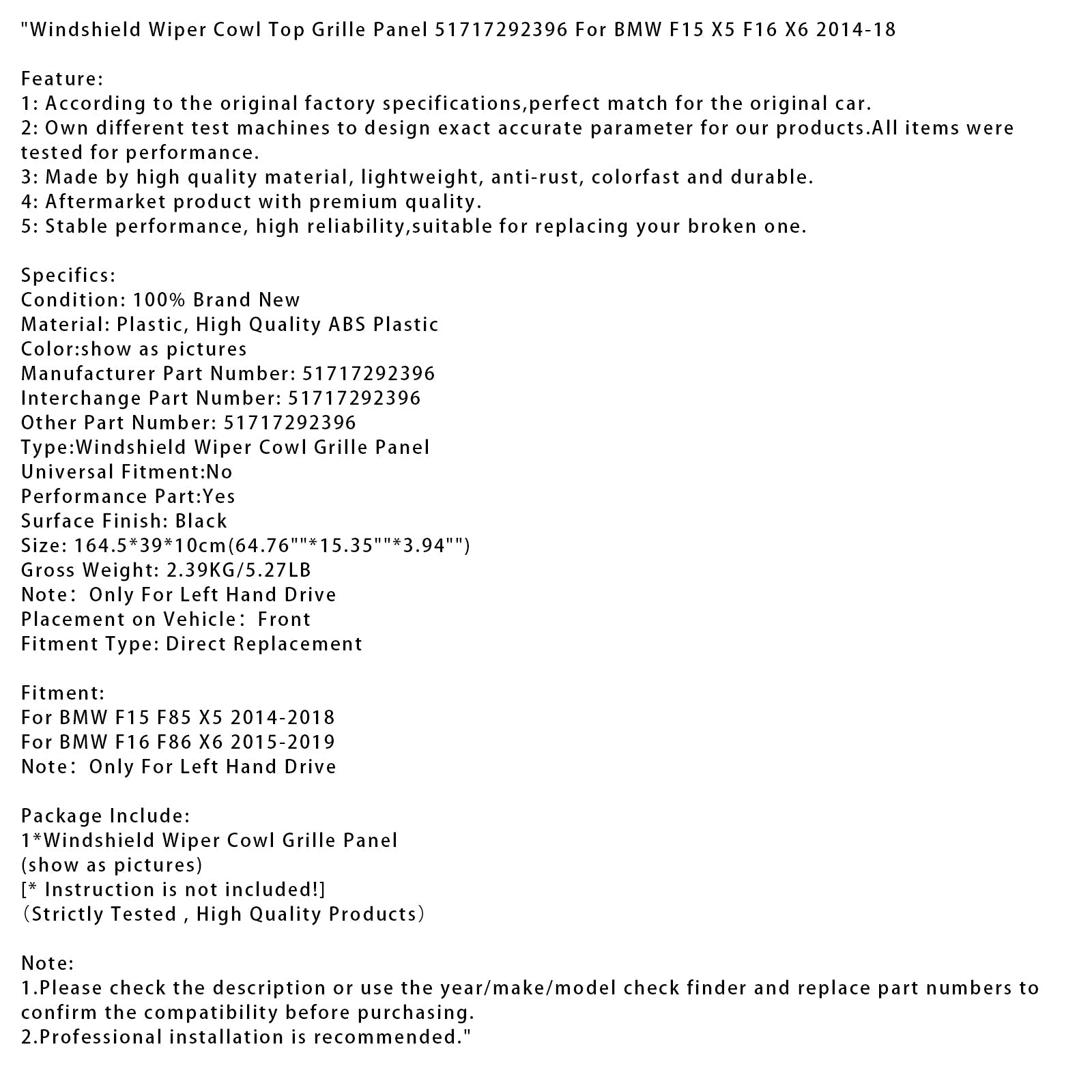 BMW F16 F86 X6 2015-2019 51717292396 Ylä-säleikköpaneeli BMW F16 F86 X6 2015-2019