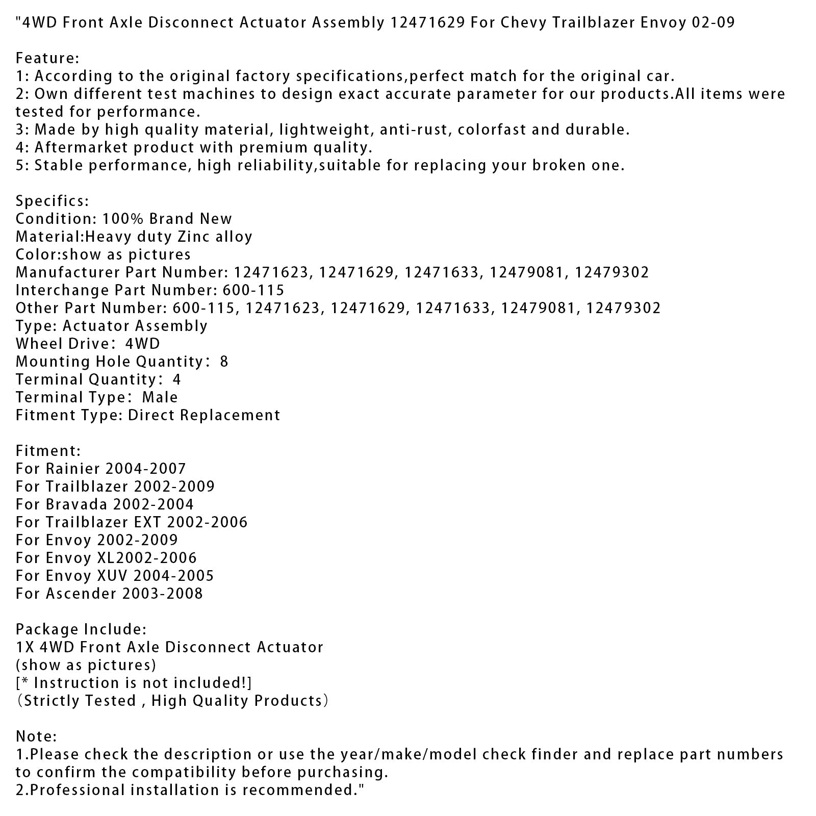 Axle Disconnection-aandeelhouder ingesteld vóór Bravada 4WD 2002-2004 12471629