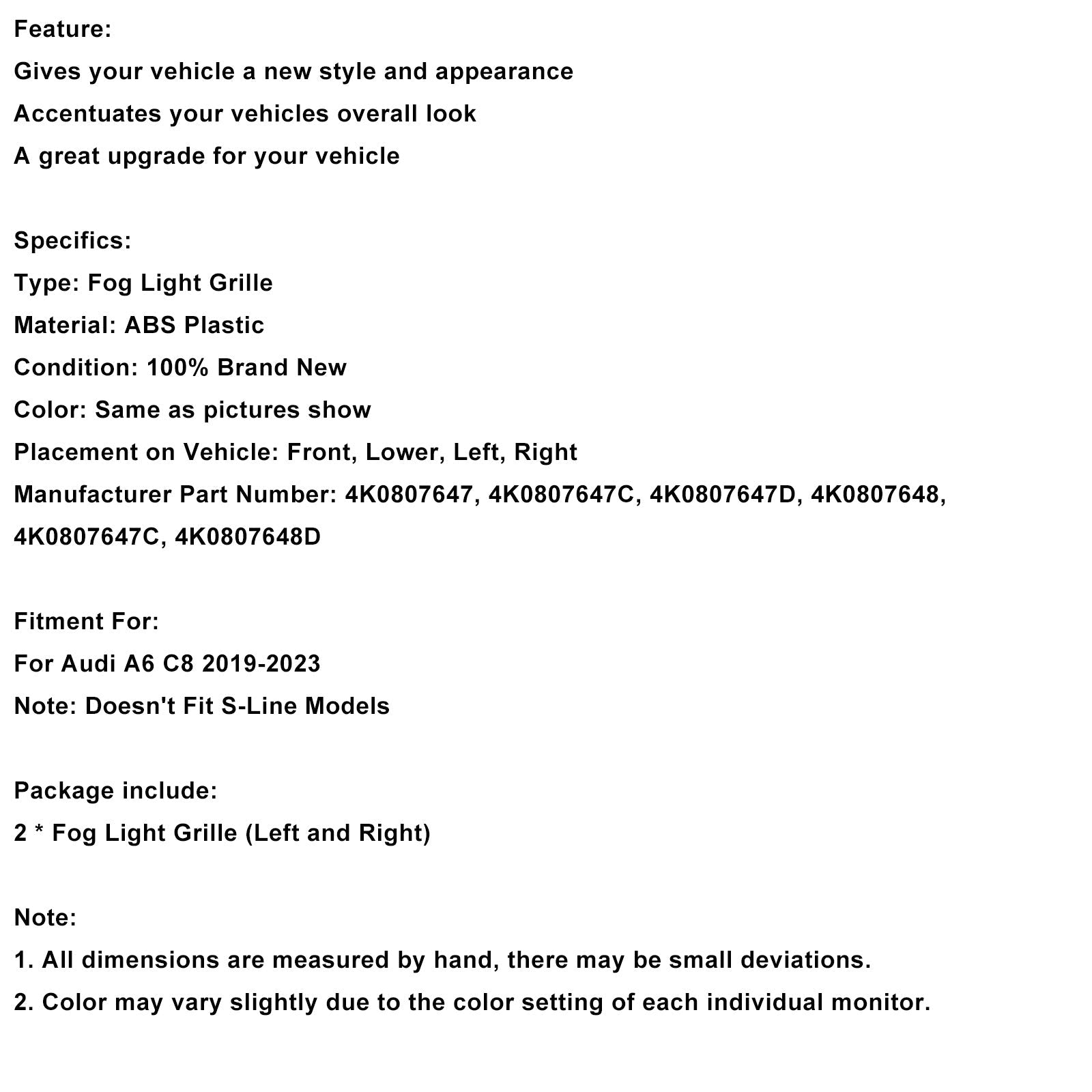 Juego de 2 rejillas de parachoques delantero y rejilla de luz antiniebla para Audi A6 C8 2019-2023