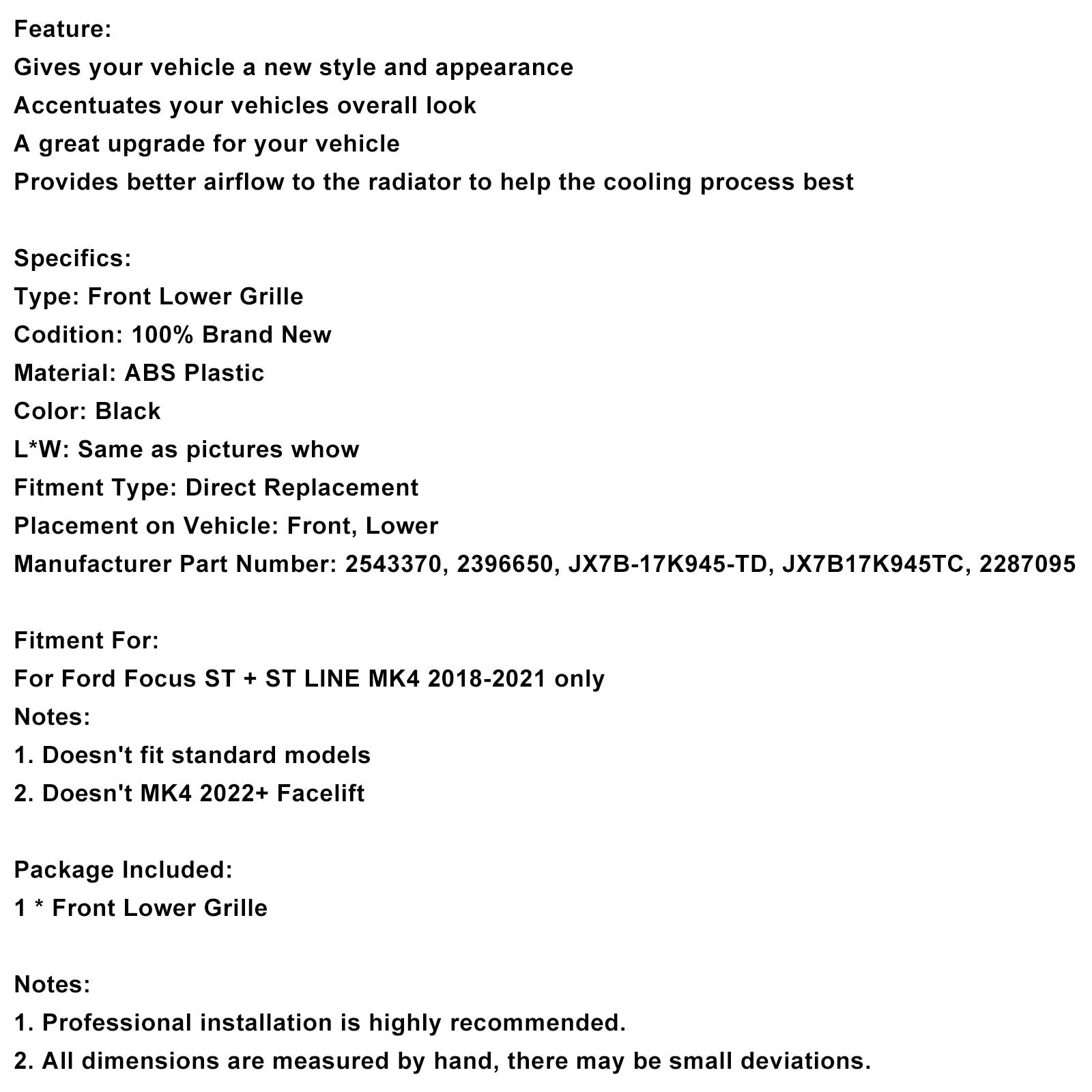 Mazzo superiore di paraurti anteriore per Ford Focus MK4 ST 2018-2021 JX7B-17K945-TD 2543370