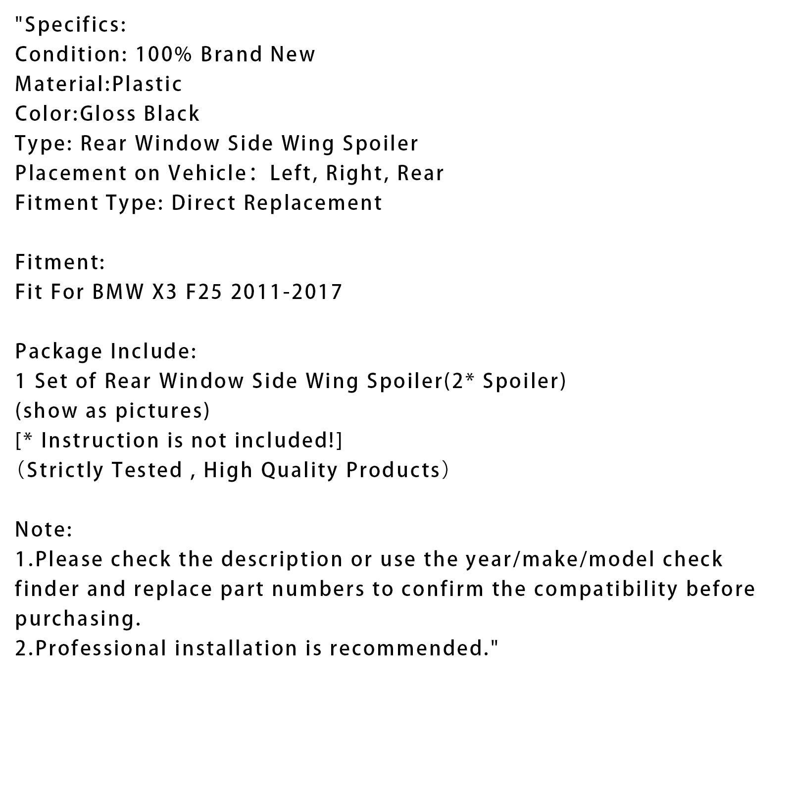 Paire de becquets latéraux de lunette arrière noir brillant pour BMW X3 F25 2011-2017