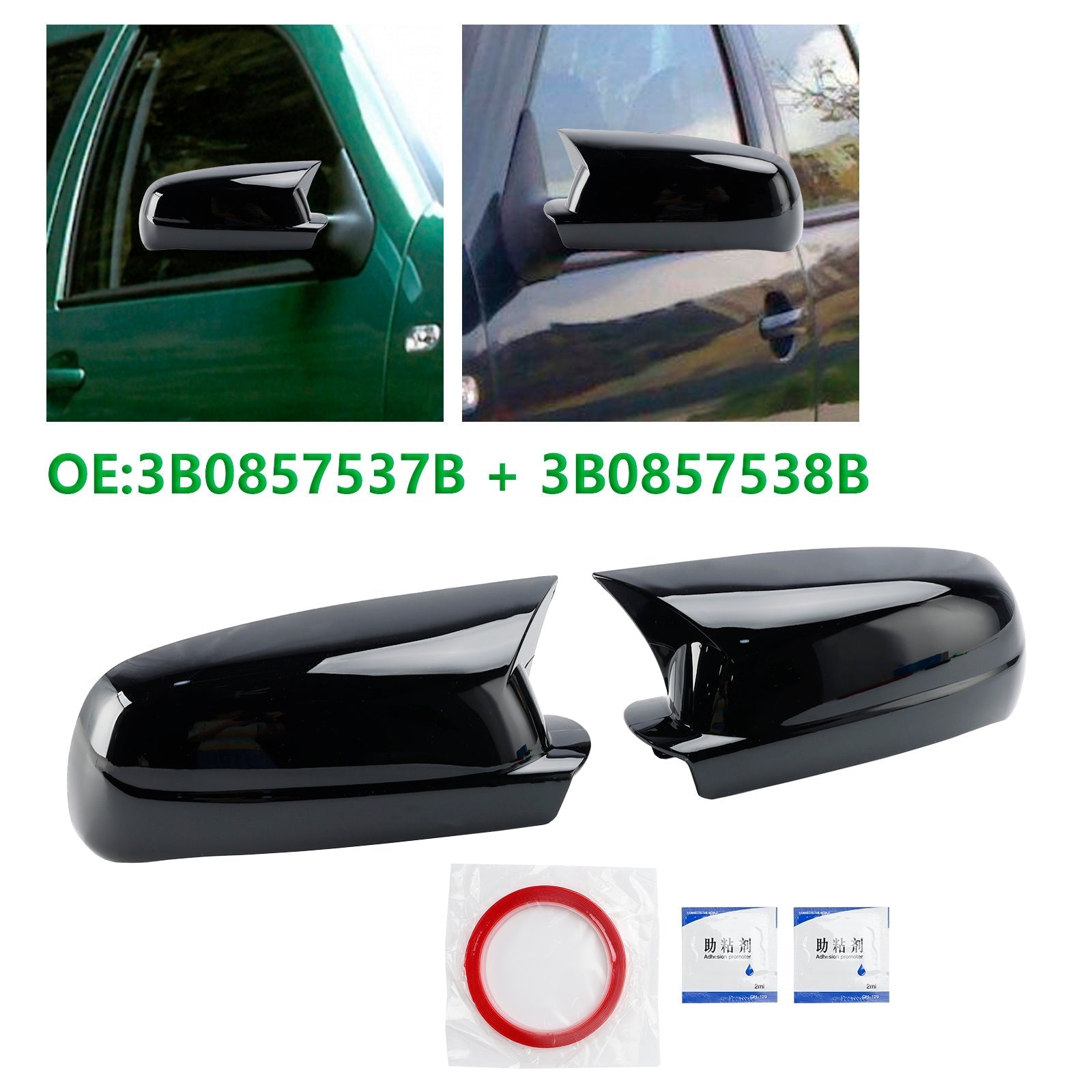 1998-2002 VW Passat B5 Cubierta de espejo retrovisor negro brillante izquierda + derecha 3B0857537B