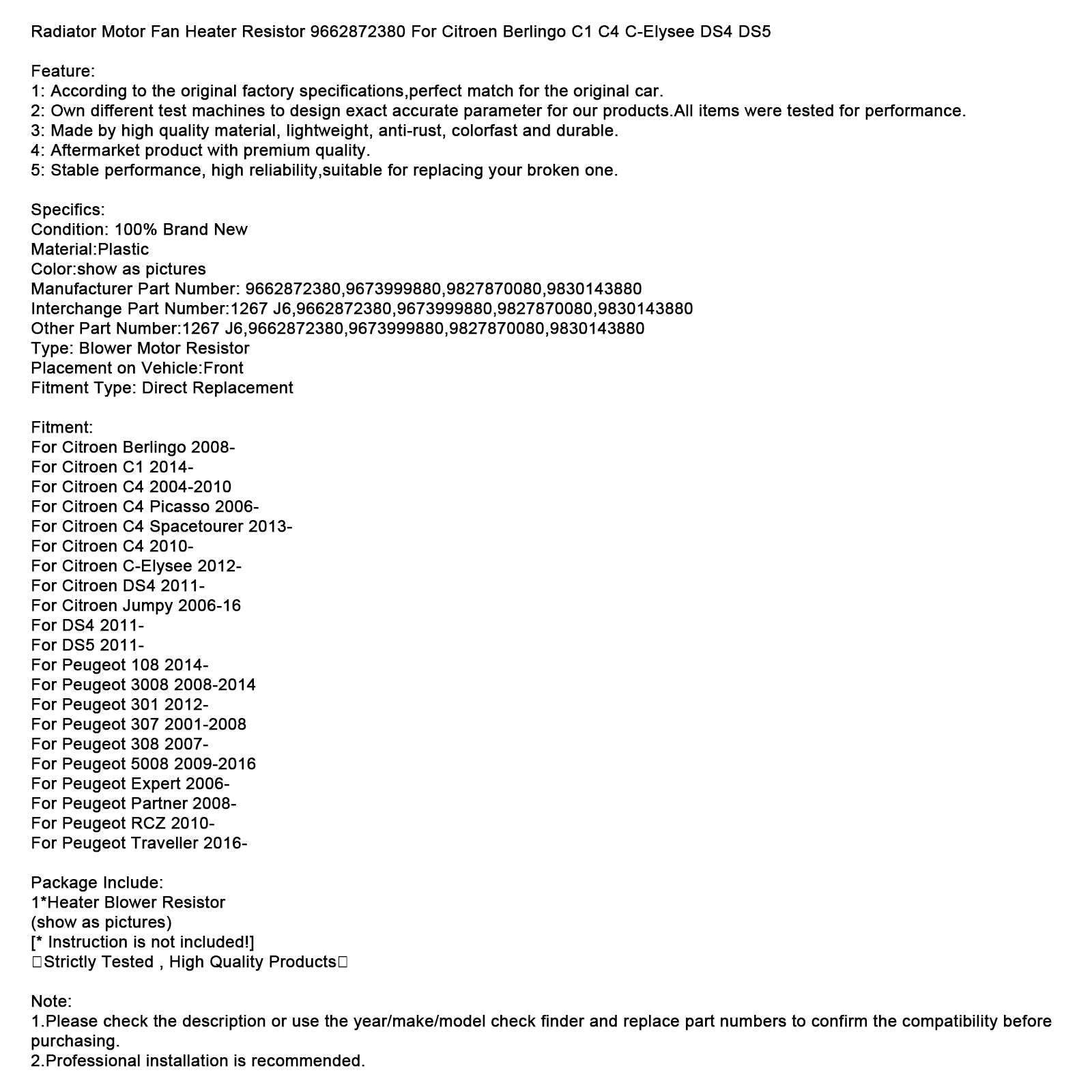 Odporność na wentylator chłodnicy 9662872380 dla Citroën Berlingo C-elysée