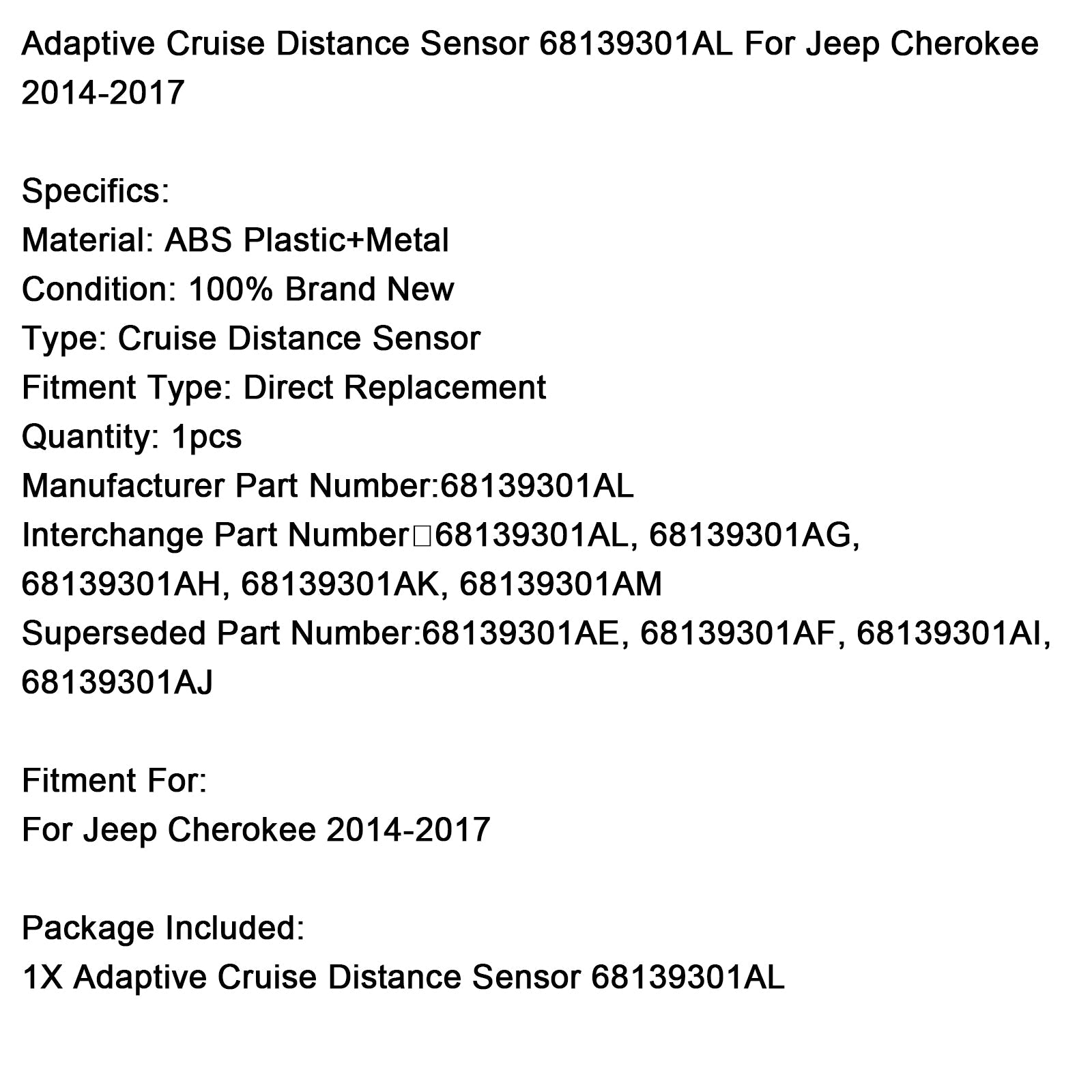 Adaptivni senzor za križarjenje razdalje 68139301al za Jeep Cherokee 2014-2017