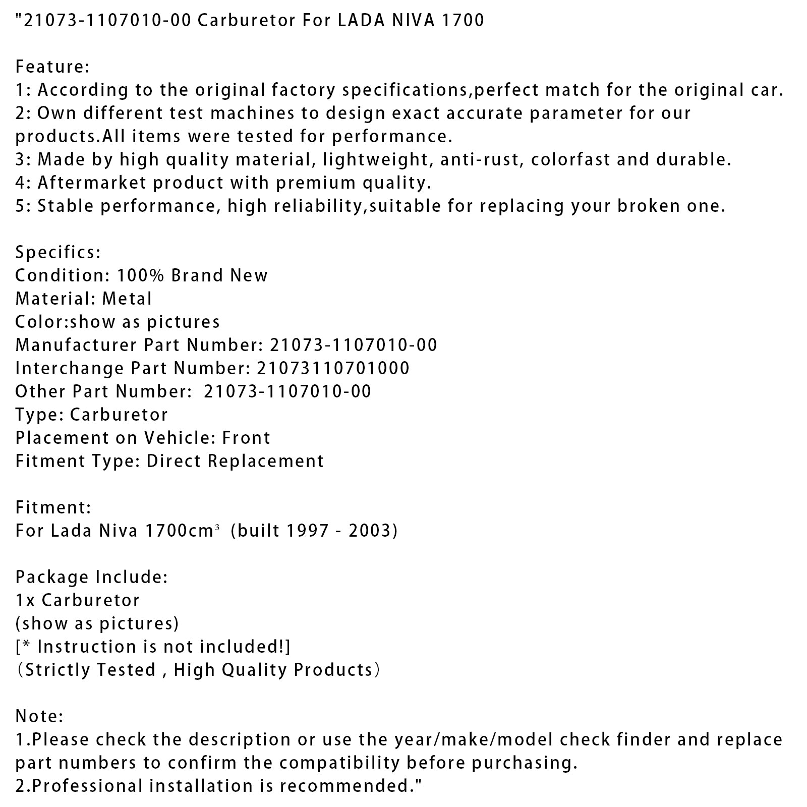 Lada Niva Carburetor 1997-2003 1700 CC 21073-1107010-00