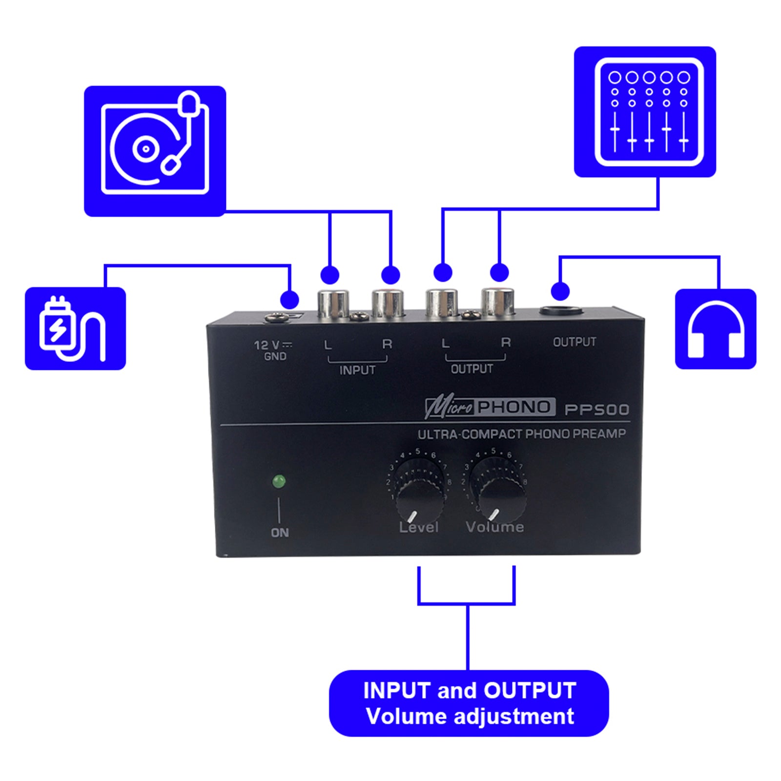 Preamplificador de fono PP500, control de volumen y nivel de 12 V para tocadiscos de vinilo LP