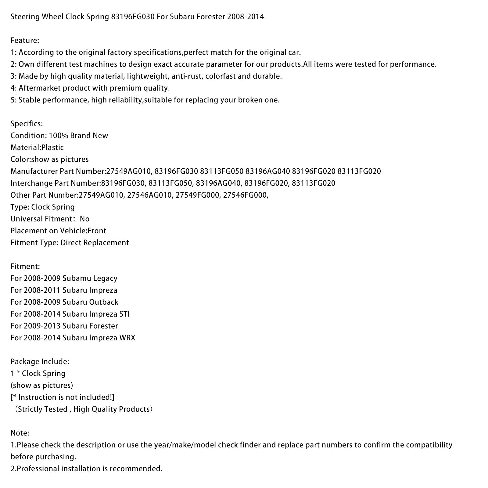 Povratna vzmet volana 83196FG030 za Subaru Forester 2008-2014