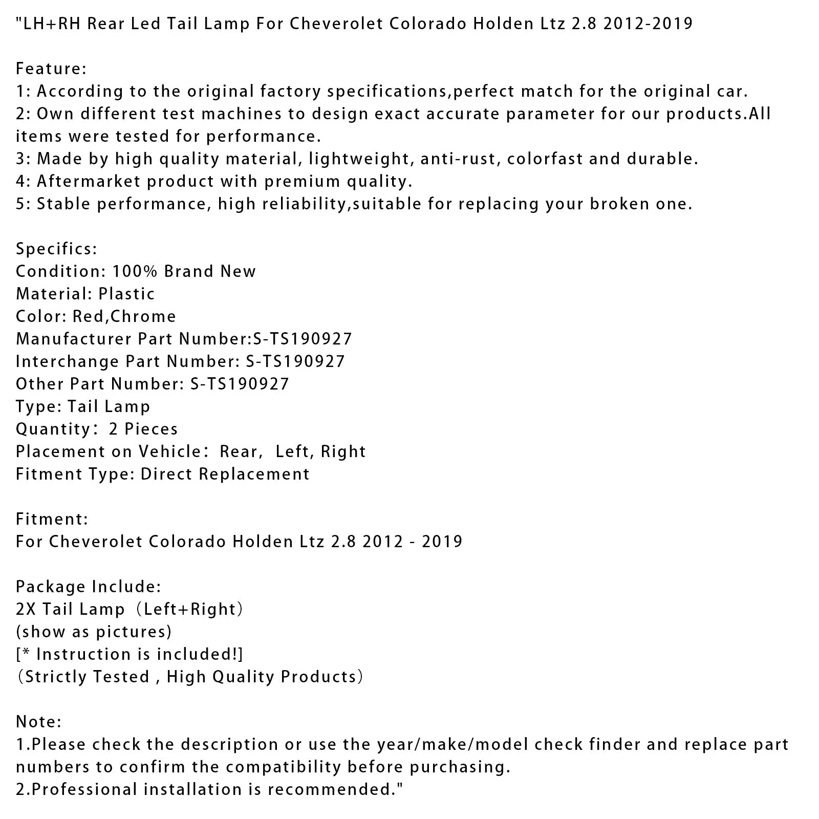 Luz trasera a la izquierda y a la derecha para Chevrolet Colorado Holden Ltz 2.8 2012-2019