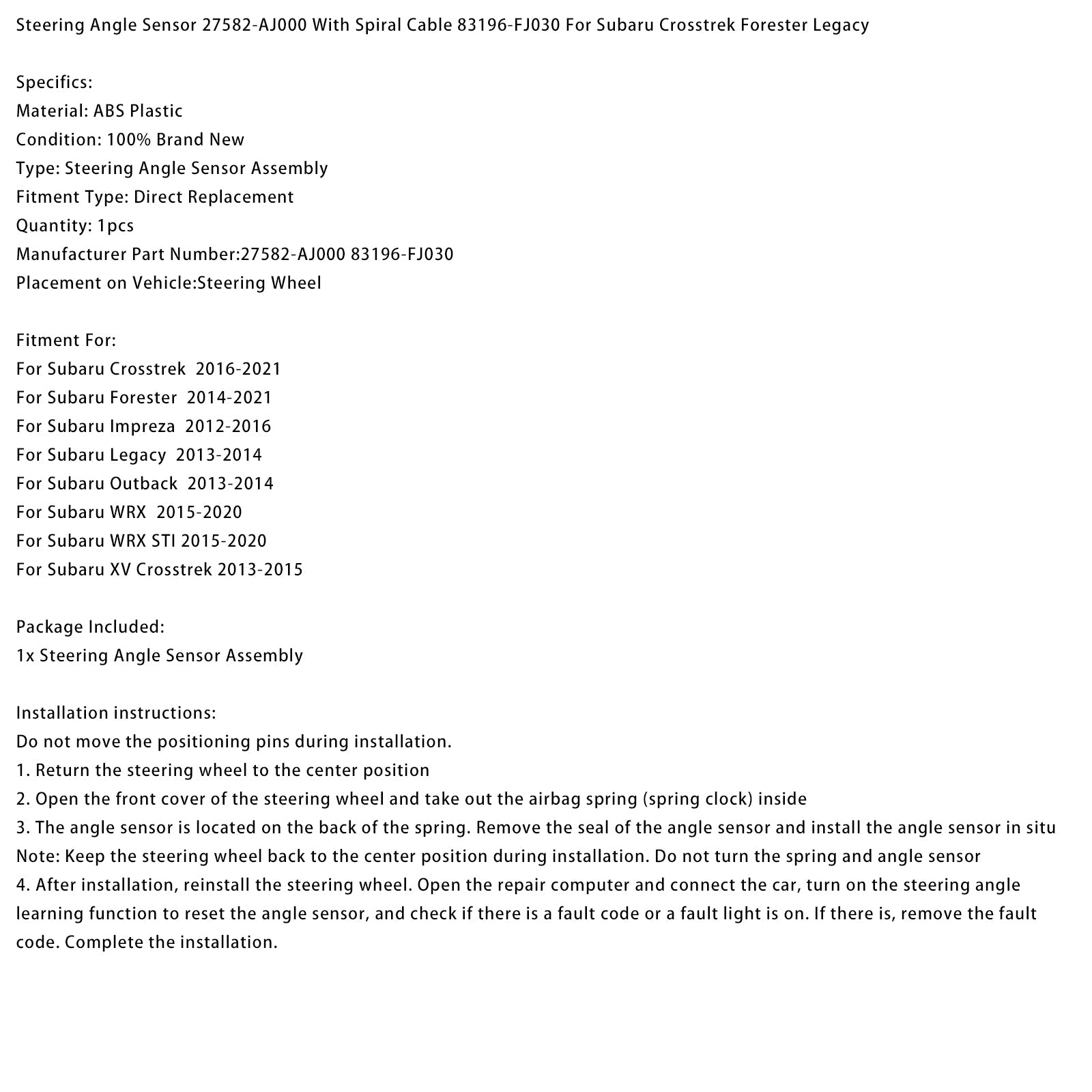Capteur d'angle de braquage avec câble spiralé pour Subaru XV Crosstrek 2013-2015 : 83196-FJ030 27582-AJ000