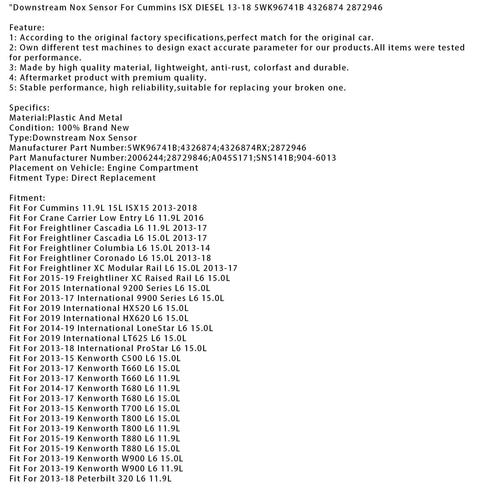 Stroomafwaartse NOx-sensor voor Volvo VNL L6 15.0L (2014-2019) : referentie 5WK96741B, 4326874, 2872946