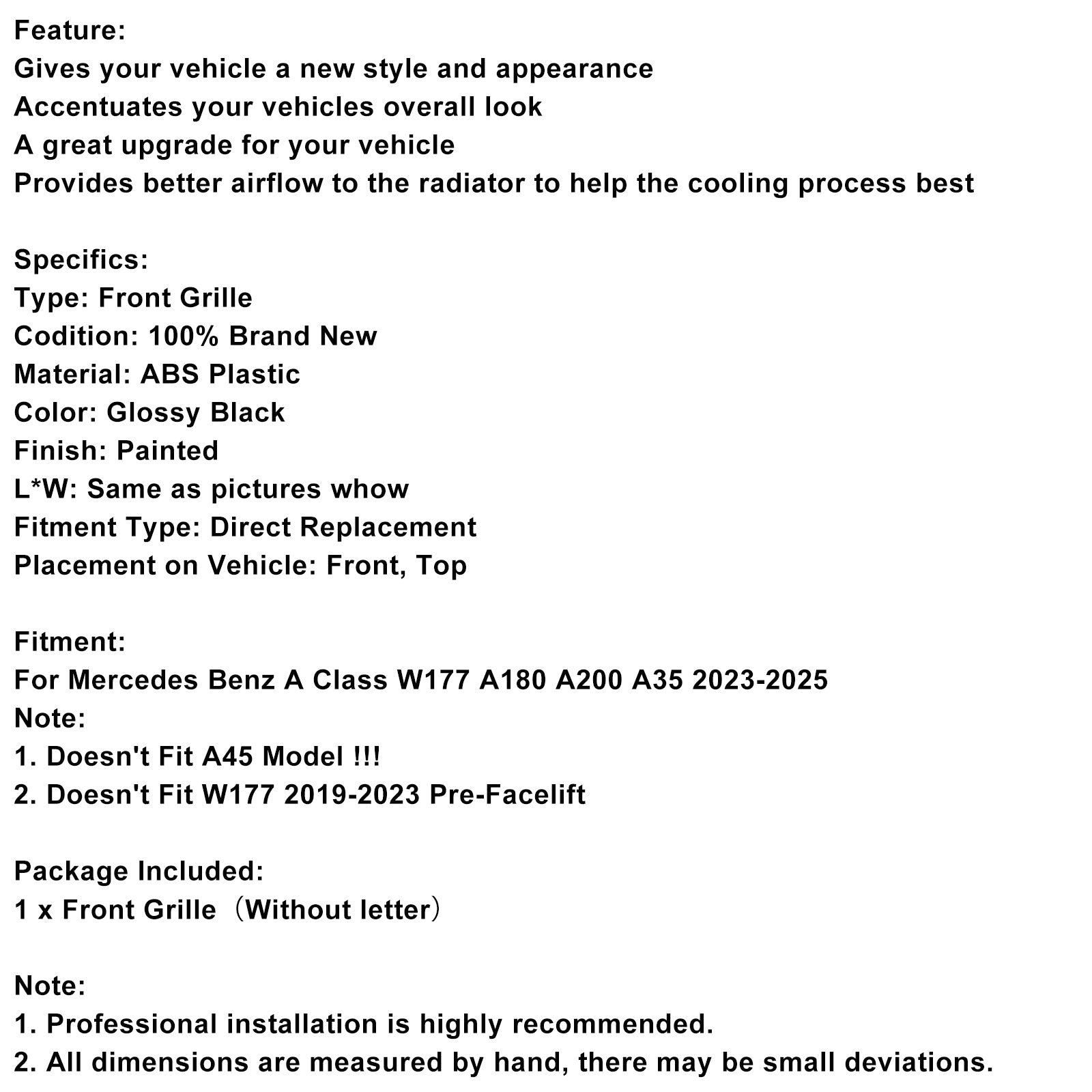 Glanzend zwarte frontgrille voor Mercedes A-Klasse W177 A35 A180 2023-2025