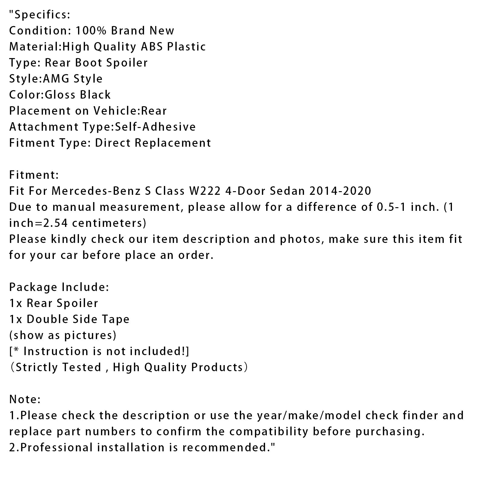 Spoiler posteriore nero lucido per Mercedes-Benz Classe S W222 2014-2020