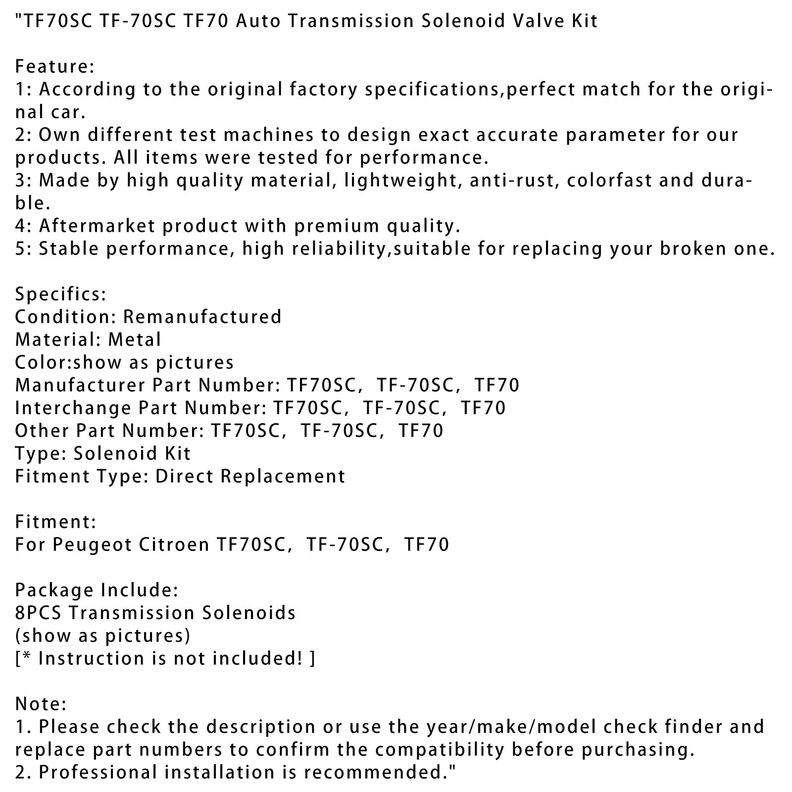 TF70SC TF-70SC TF70 Kit de válvula solenoide de transmisión automática