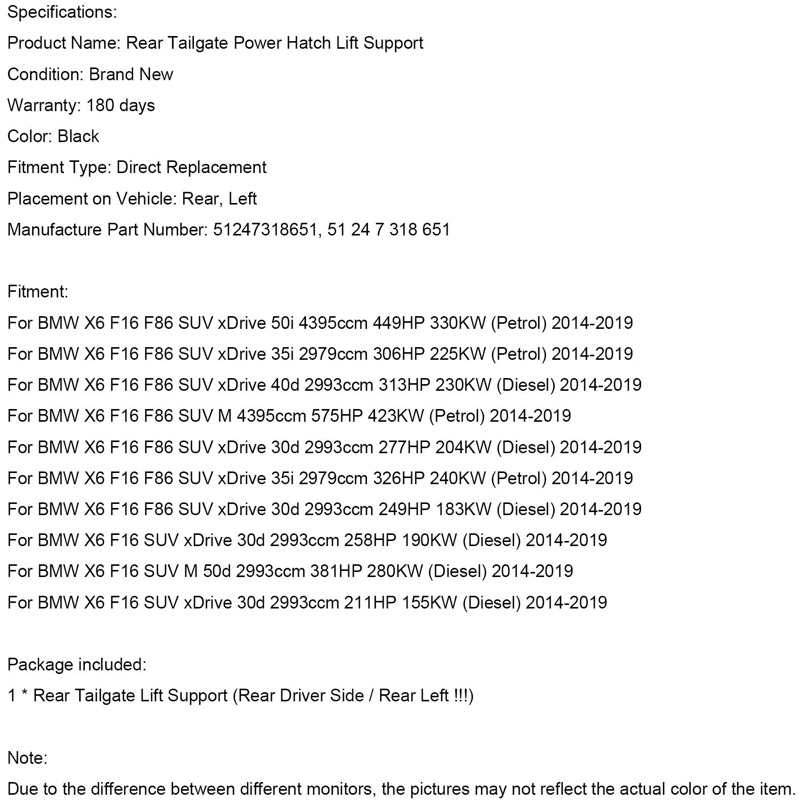 BMW X6 F16 F86 SUV M 4395 cc 575 CV 423 kW (benzina) - Montante portellone posteriore sinistro (2014-2019) - Codice articolo : 51247318651