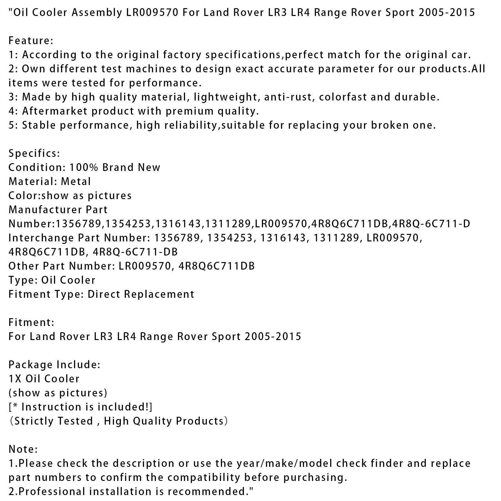Conjunto de enfriador'Aceite para Land Rover LR3 LR4 Range Rover Sport 2005-2015 LR009570 1356789 1354253