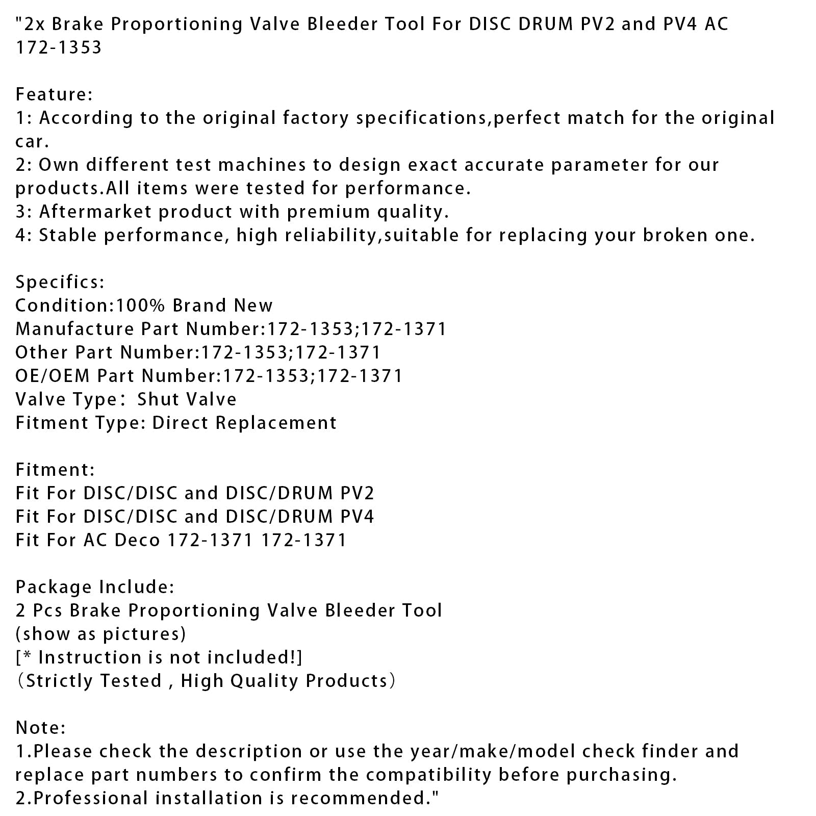 2x Outil de purge de valve de répartition de freinage pour tambour à disque PV2 et PV4 AC 172-1353