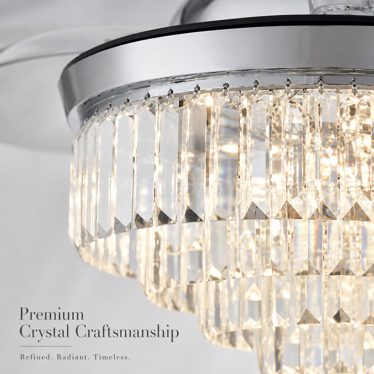 Ventilateur de plafond en cristal de 106 cm avec éclairage pales rétractables couleur argent 6 vitesses