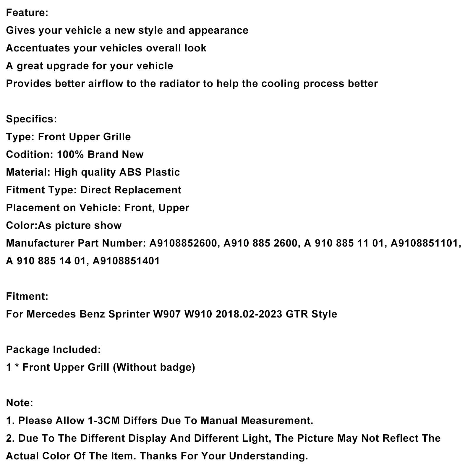 Przednia osłona zderzaka w stylu GTR do Mercedesa Sprintera W907  W910 2018-2023 A9108852600