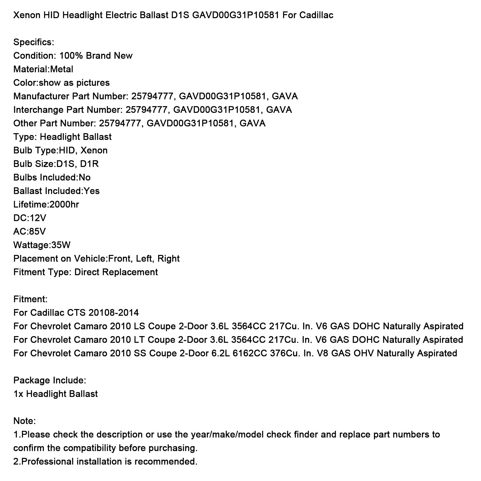 Ballast électrique de phare au xénon HID D1S GAVD00G31P10581 pour Cadillac