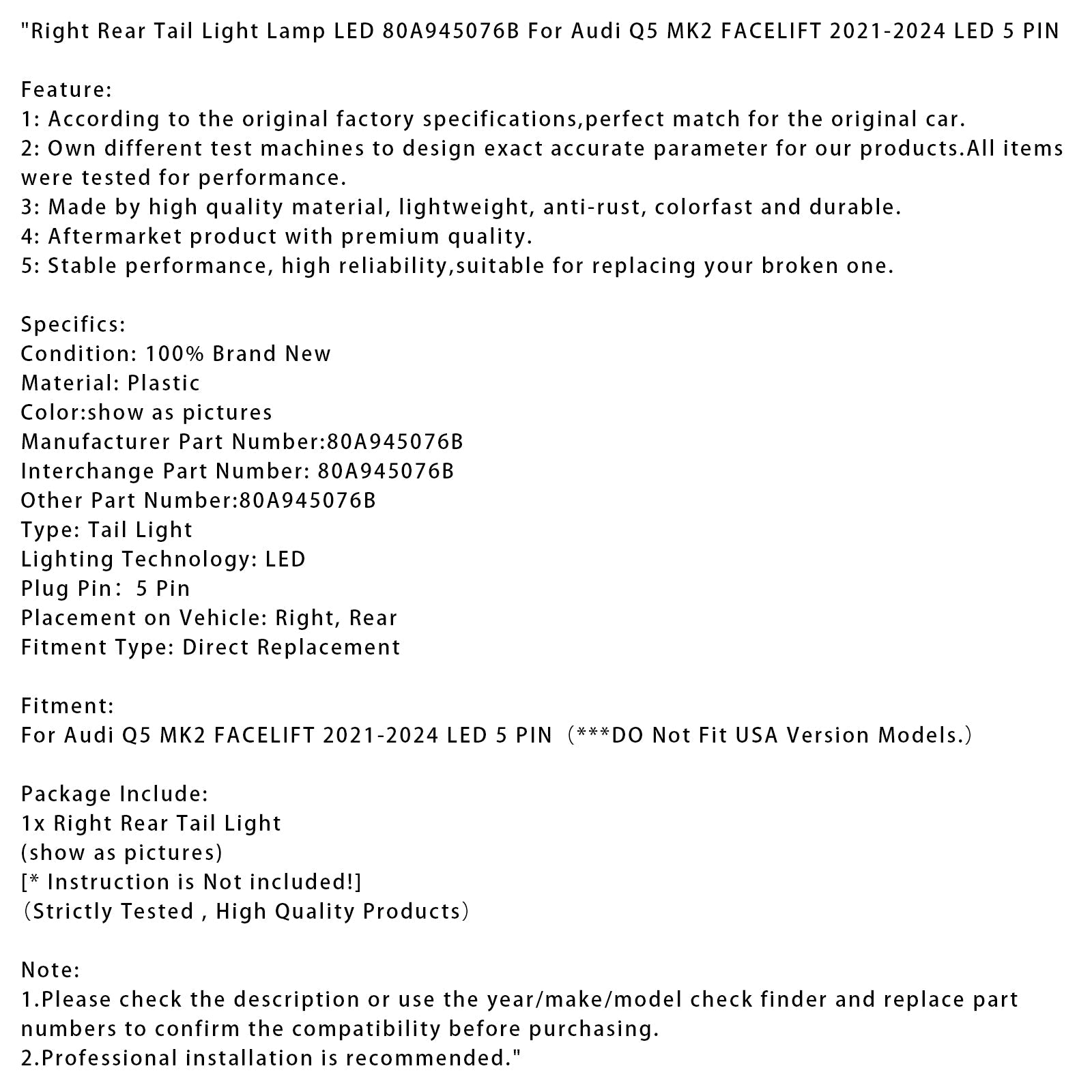 Feu arrière droit à LED pour Audi Q5 MK2 restylée 2021-2024 (5 broches)
