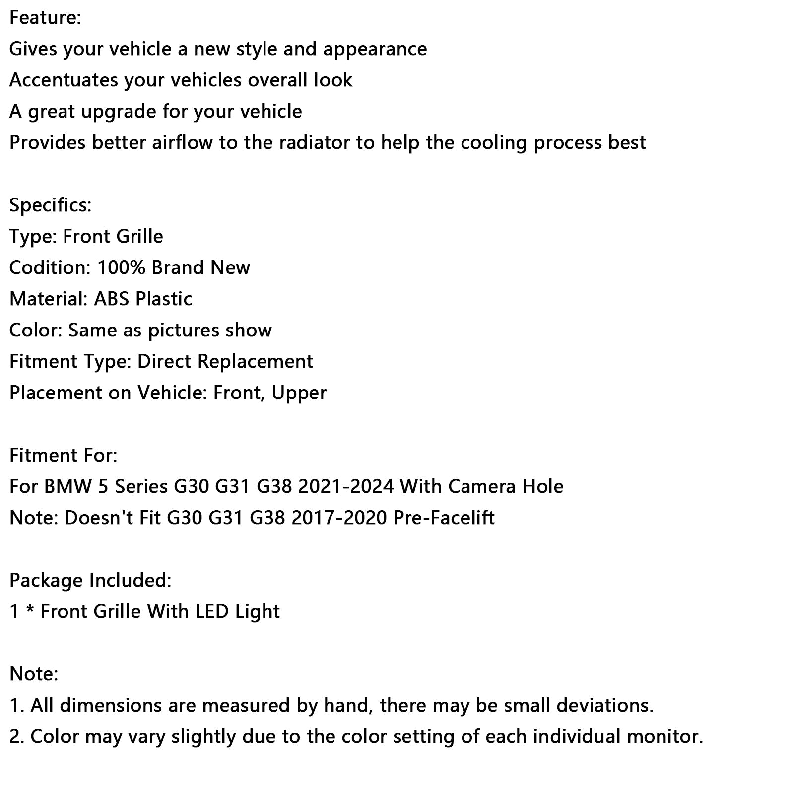 Calandre avant à double lamelles pour BMW Série 5 G30 G38 2021-2024, noir brillant