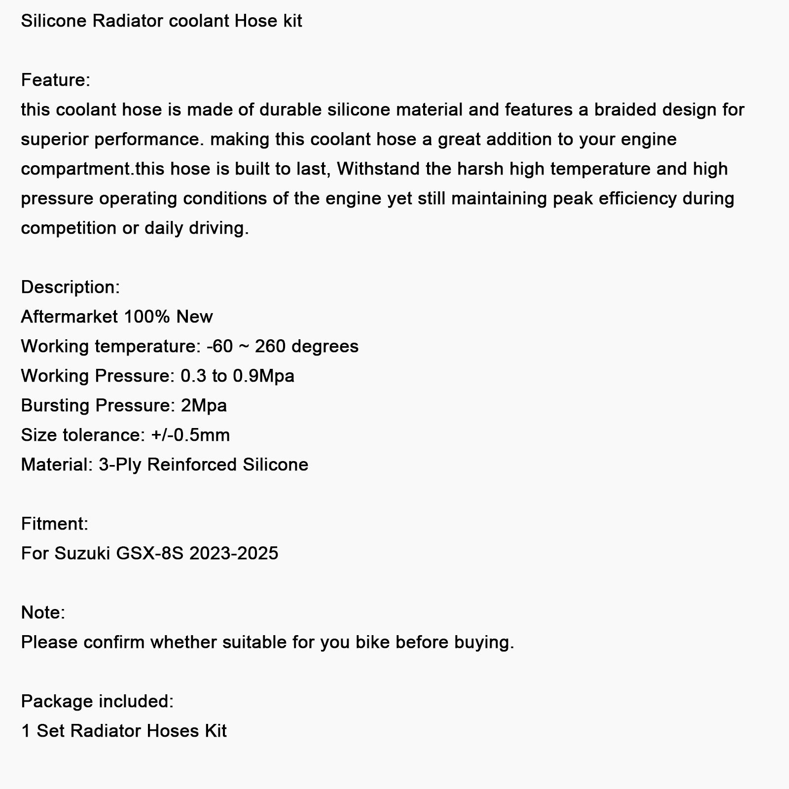 Durite de refroidissement en silicone pour radiateur Suzuki GSX-8S 2023-2025