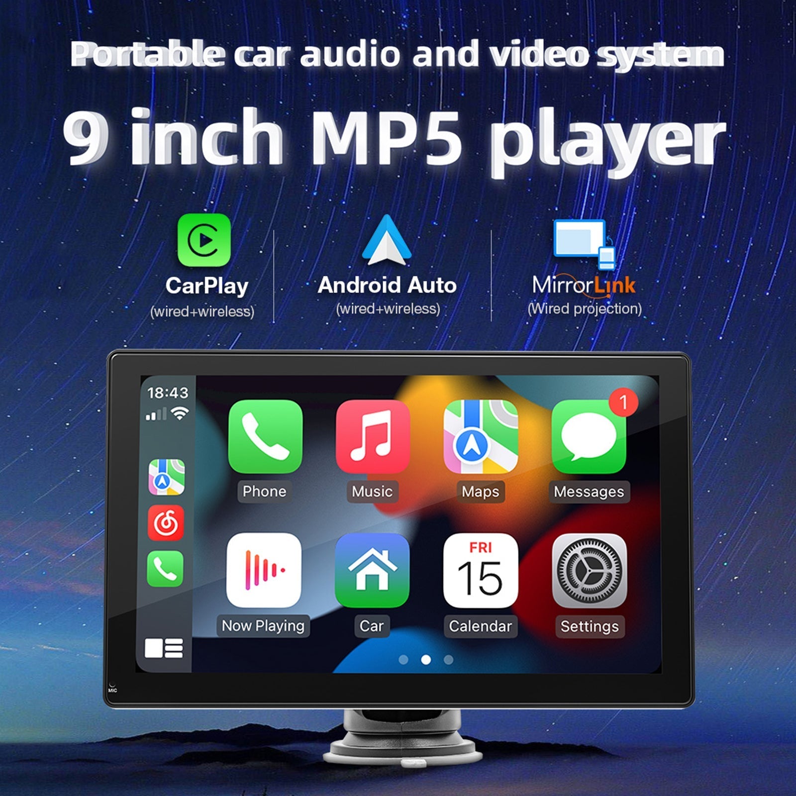 Lettore MP5 per auto da 9 pollici con Apple Carplay/Android Auto, Bluetooth, radio e 4 fotocamere LED