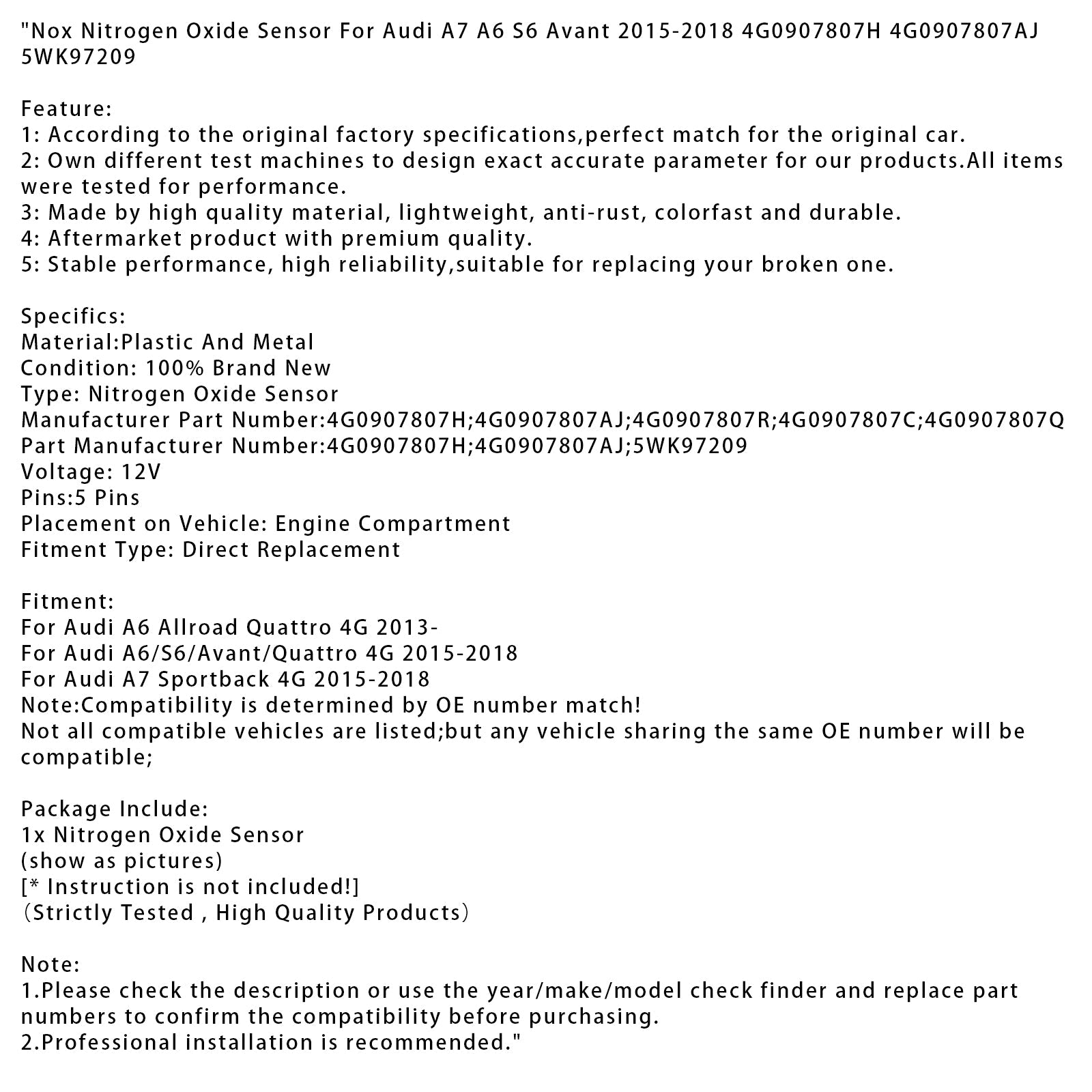 Sensore d'ossido di'NOX di azoto per Audi A7 A6 S6 Avant 15-18 4G0907807H 4G0907807AJ