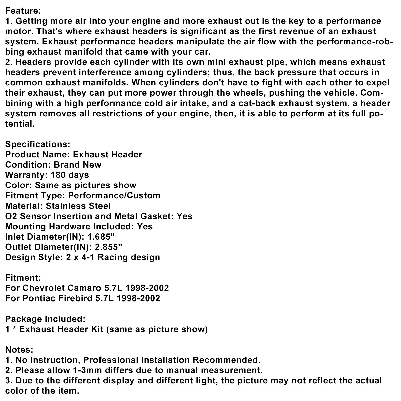 Kolekcjoner&Układ wydechowy do Chevroleta Camaro i Pontiaca Firebird 5.7L z lat 1998-2002