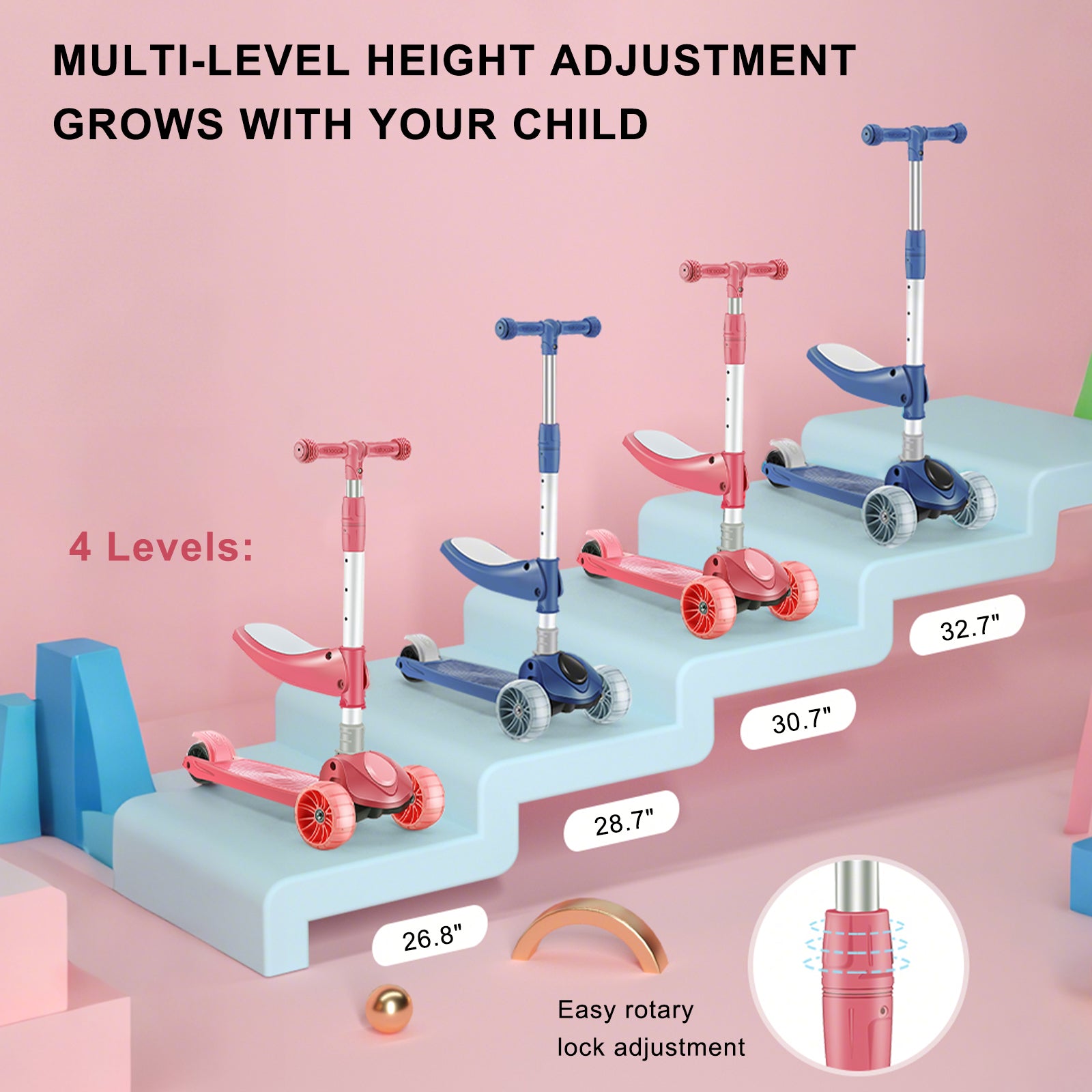 Trottinette Enfant 2 en 1 - Siège Pliable - Lumière - 3 Roues - Barre Réglable et Pliante - Bleu