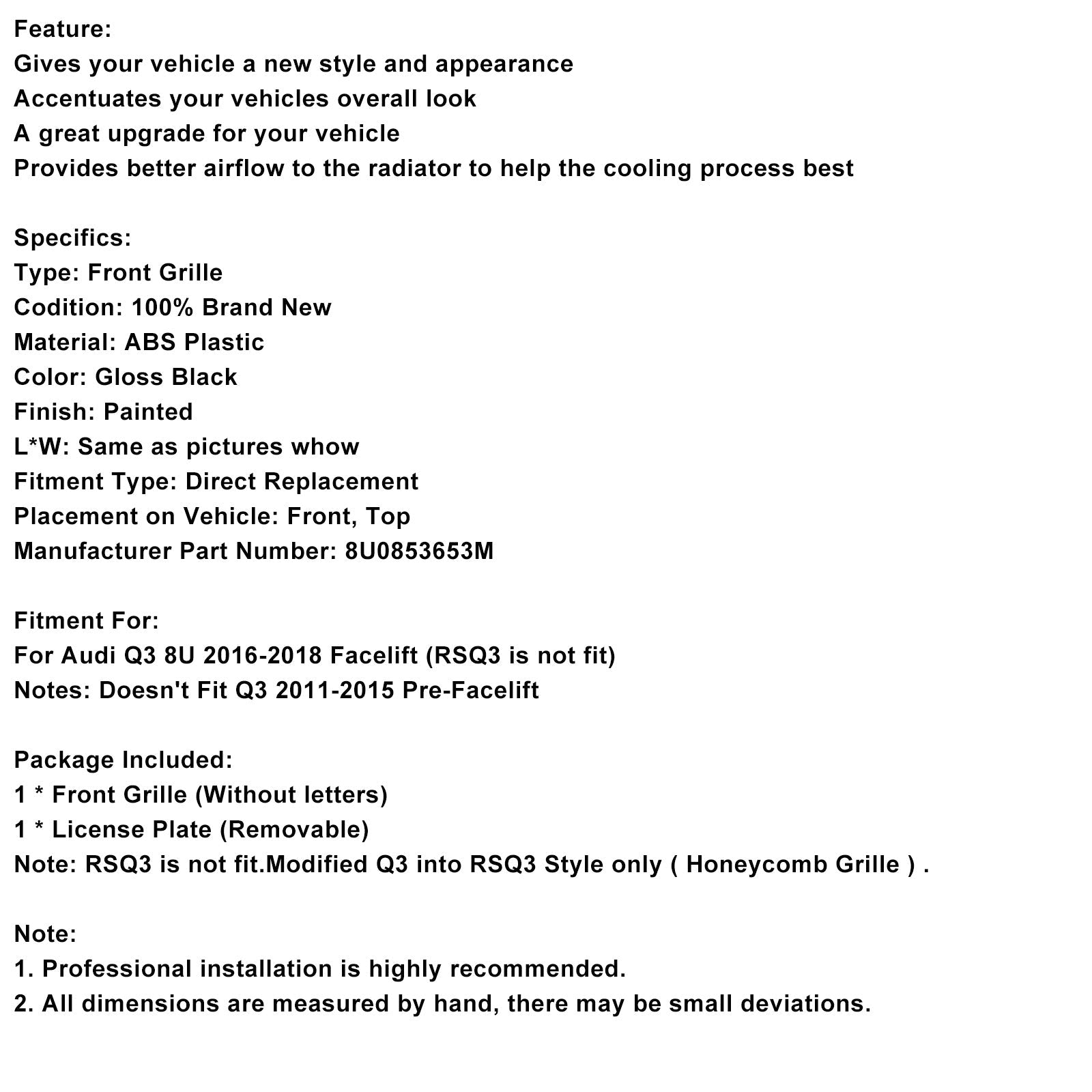 Calandre avant style nid d'abeille noir brillant pour Audi Q3 RSQ3 (2016-2018)