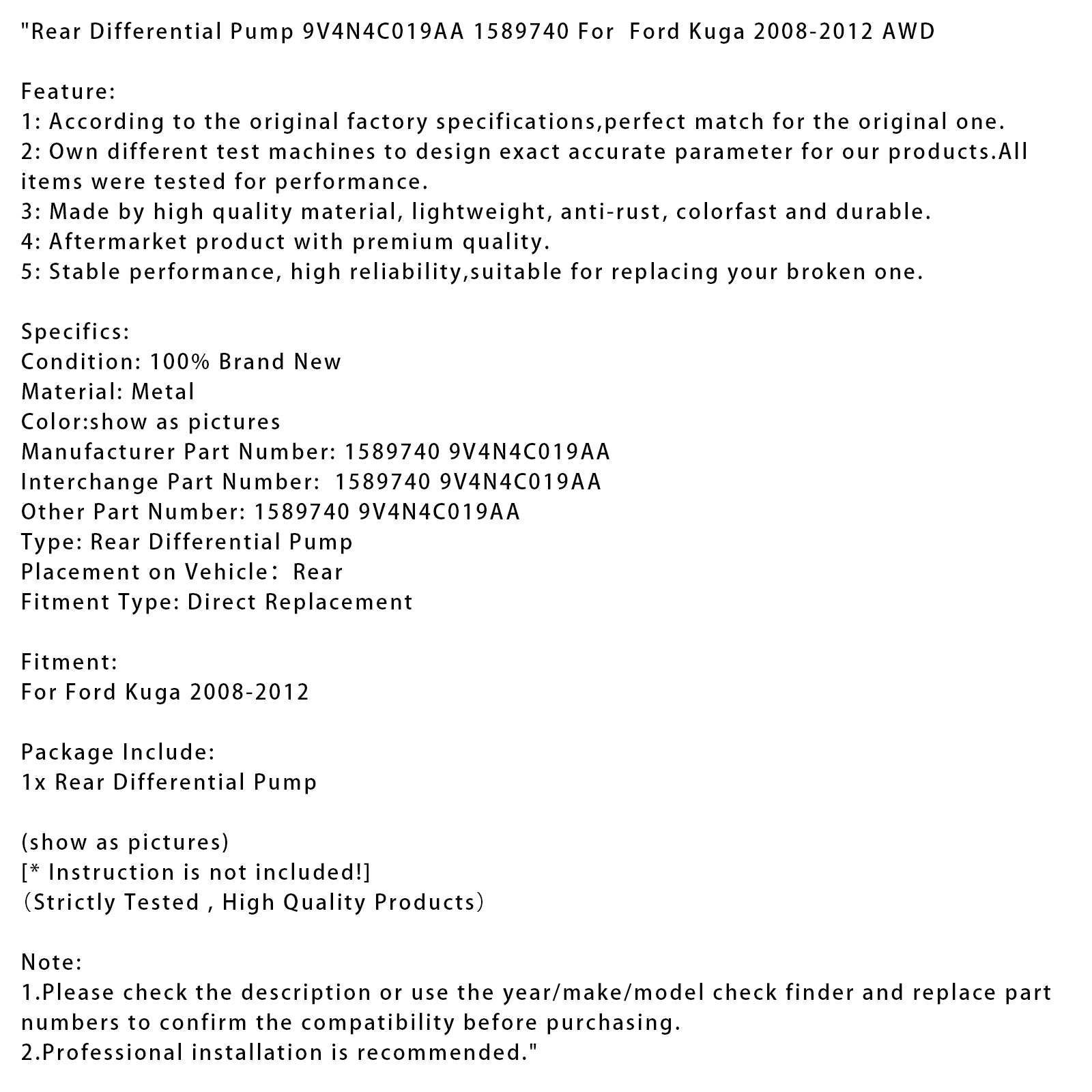 Ford Kuga AWD 2008-2012 9V4N4C019AA Tylna pompa różnicowa.