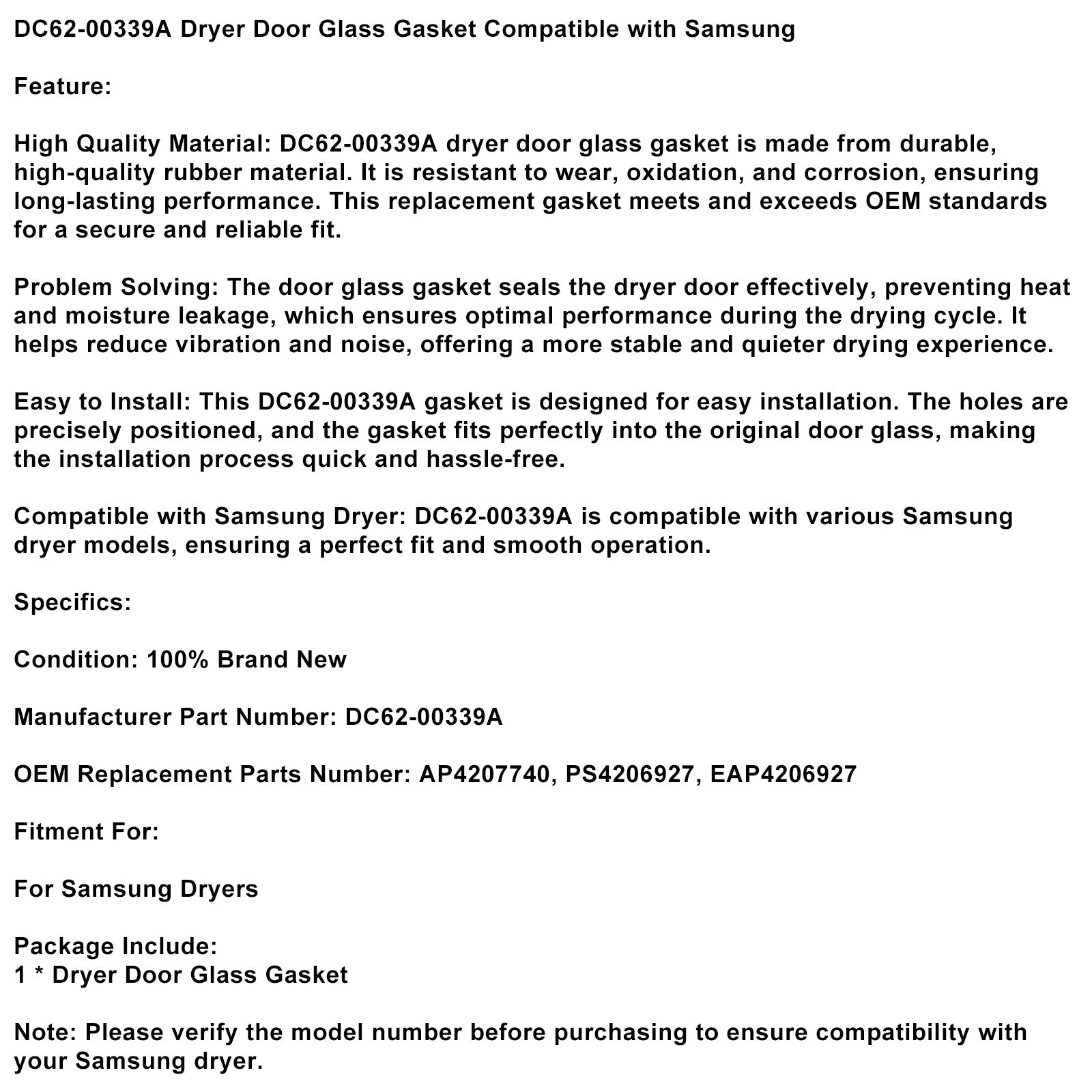 DC62-00339A DROGER Deurafdichting compatibel met Samsung